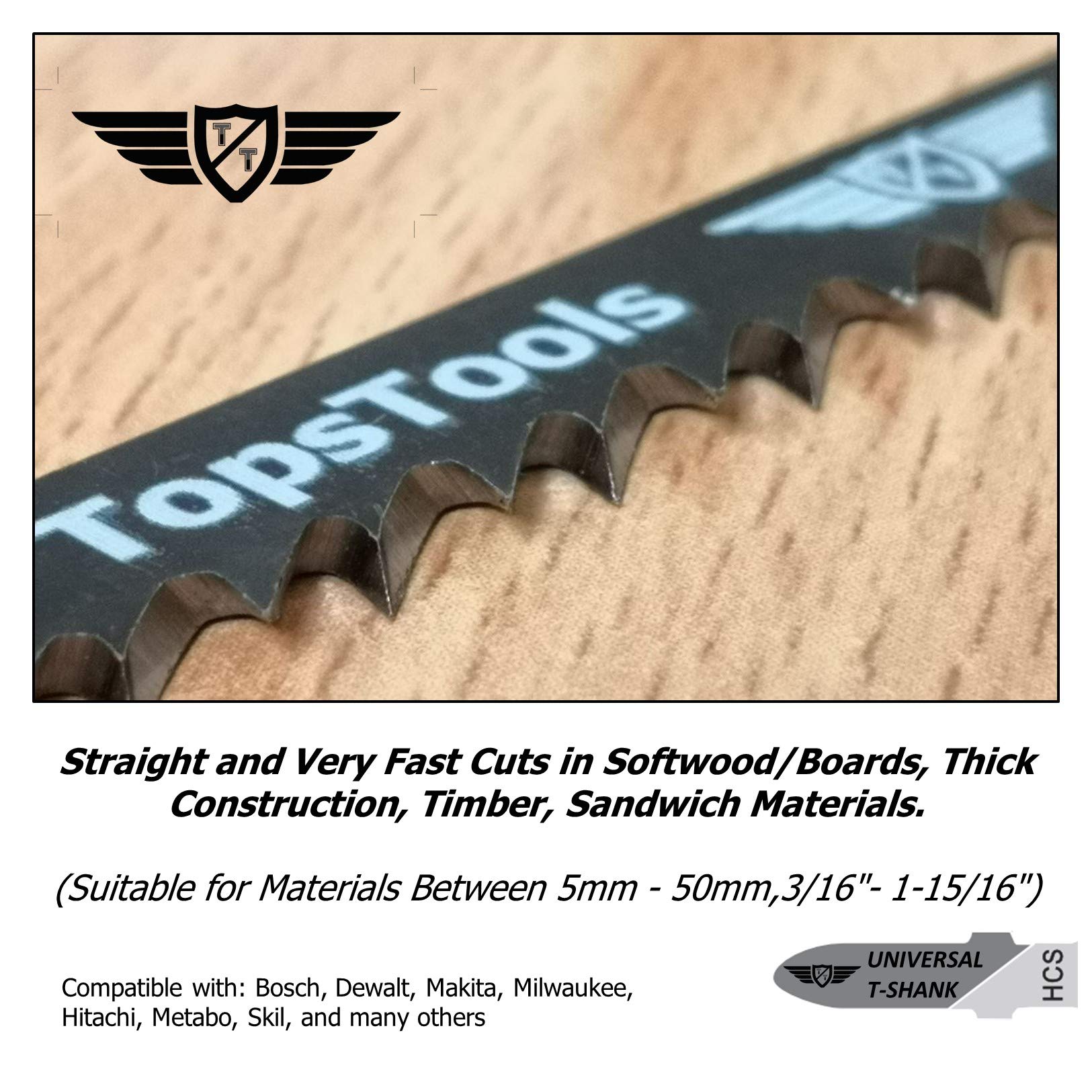 15 x TopsTools T144D Straight and Fast Cuts Carbon Steel Jigsaw Blades Compatible with Bosch, Dewalt, Makita, Milwaukee and many more, Engineered Wood