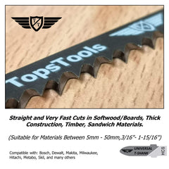 15 x TopsTools T144D Straight and Fast Cuts Carbon Steel Jigsaw Blades Compatible with Bosch, Dewalt, Makita, Milwaukee and many more, Engineered Wood