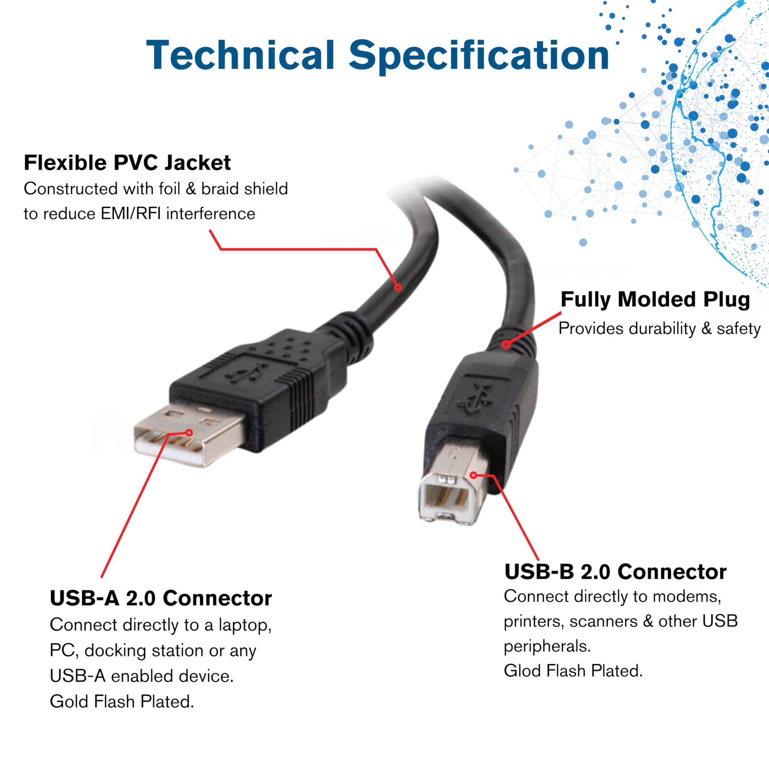 C2G 2M USB Printer Cable, USB 2.0 A to B Lead. Compatible with printers and scanners from HP, Epson, Brother, Samsung, Cannon and all other USB A/B devices, Black