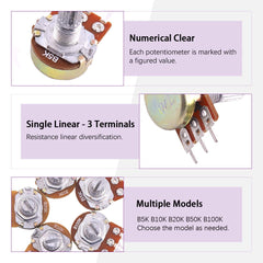 Swpeet 60PCS B5K 10K 20K 50K 100K Ohm Knurled Shaft Linear Rotary Taper Potentiometer with 20Pcs 3 Different Kinds Aluminum alloy Knob(WH148) and 40Pcs Washers and Nuts Kit for Tinkering