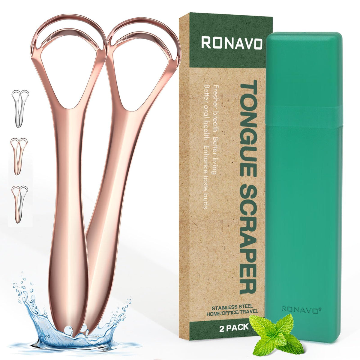 New Upgrade Tongue Scraper with Dual Scraping Head, Tongue Cleaner for Adults Kids Fight Bad Breath, Metal Tongue Scraper with Travel Case, Rose Gold, 2 Pack by RONAVO