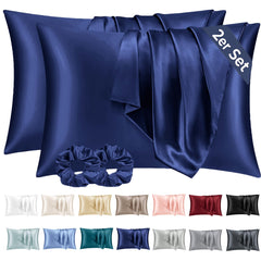 Vielit 2 Pack Satin Pillowcase for Hair and Skin,Soft as Silk Pillowcases for Hair and Skin,Easier Care than Silk Pillow Case Navy Pillowcases for 50x70cm Pillow Envelope & 2 Scrunchies