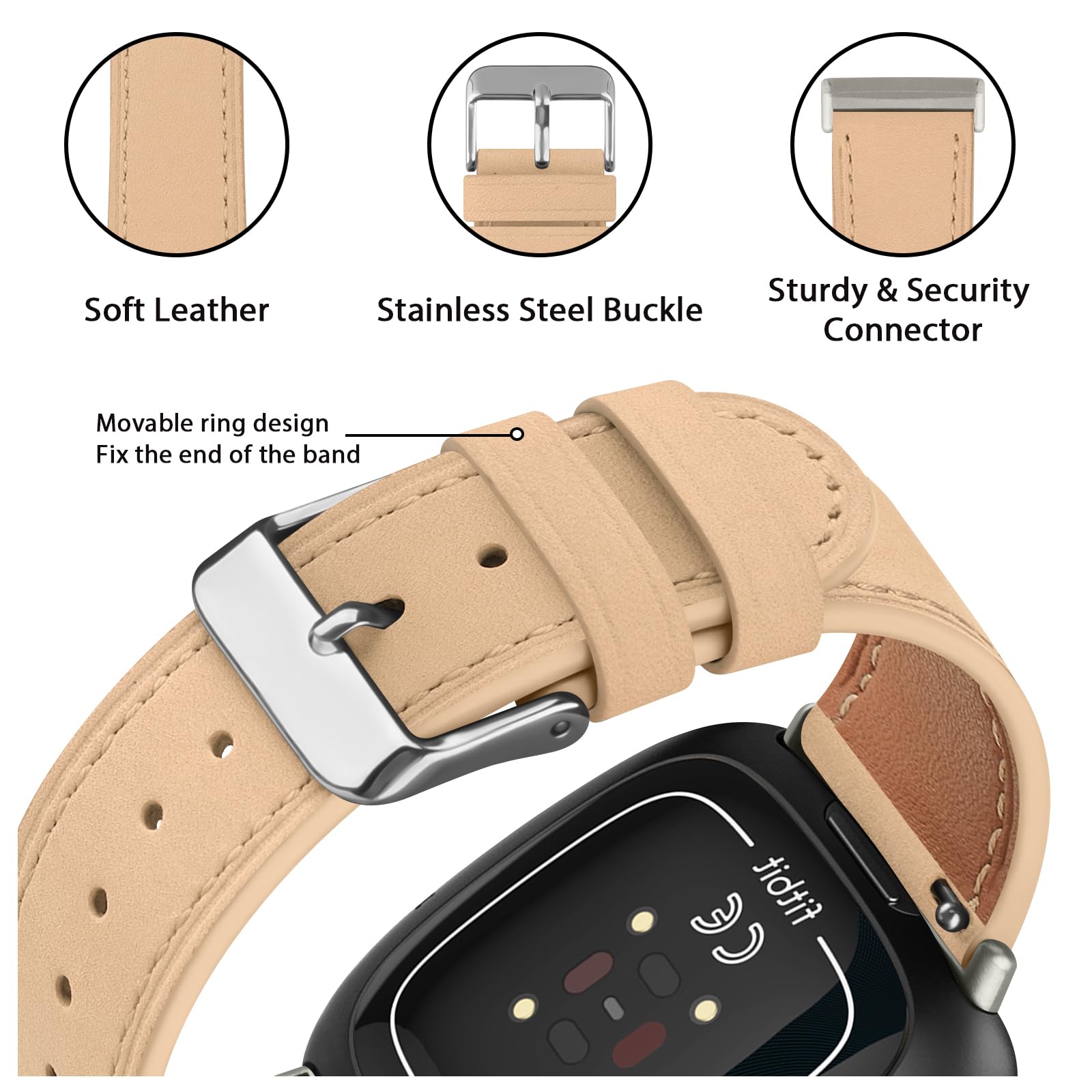 Leather Strap Compatible with Fitbit Versa 3 Straps/Fitbit Sense Strap for Women Men,Genuine Leather Replacement Compatible with Fitbit Versa 3/Fitbit Versa 4/Fitbit Sense 2 (Apricot)