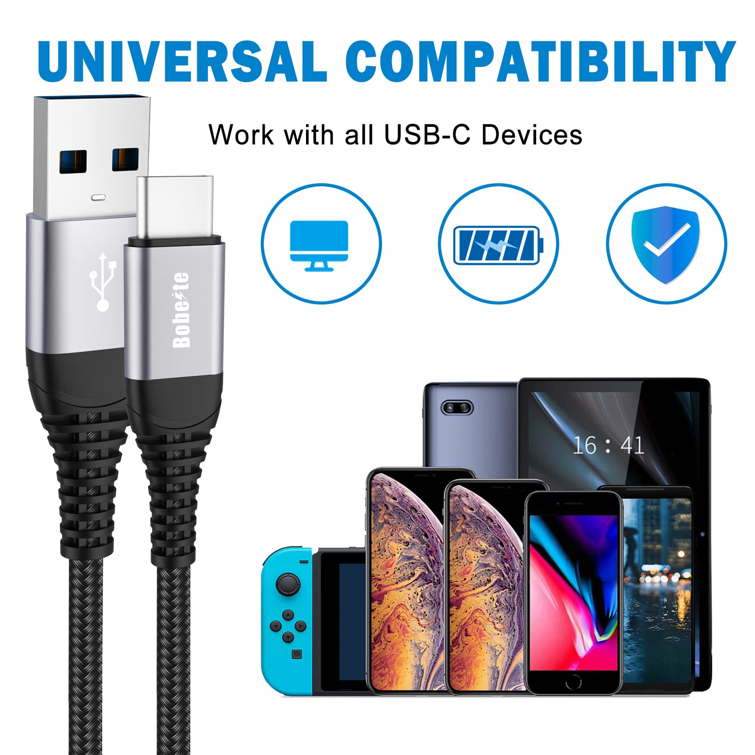 USB Type C Cable Fast Charge,[3pack,1Mand2Mand3M] USB C Charger Cable Nylon Charging Lead for Samsung Galaxy S20 FE S21 S22 S10 S9 S8 Plus A41 A42 A40 A51 A20e A21s A12 Note 20 10,Redmi Note 7 8T 9 9S