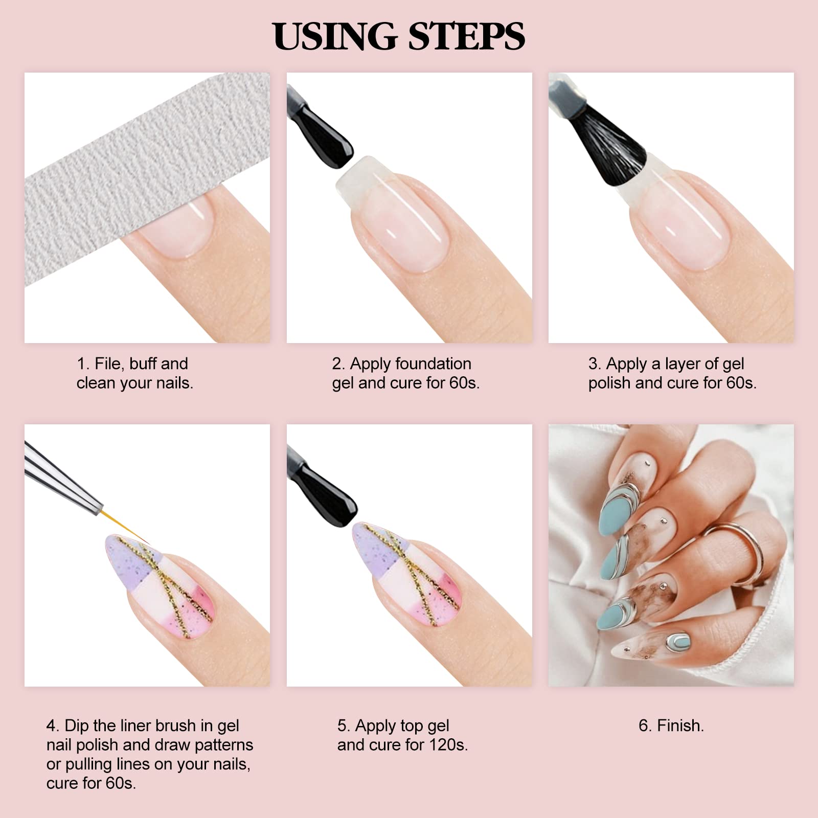 Saviland Thin Nail Art Brushes-6PCS Rose Gold Liner Nail Design Brushes Liner Painting Nail SuppliesTools Kit for Drawing Lines French Manicure Nail Salon Home DIY Use (7/8/11/13/15/29 mm)