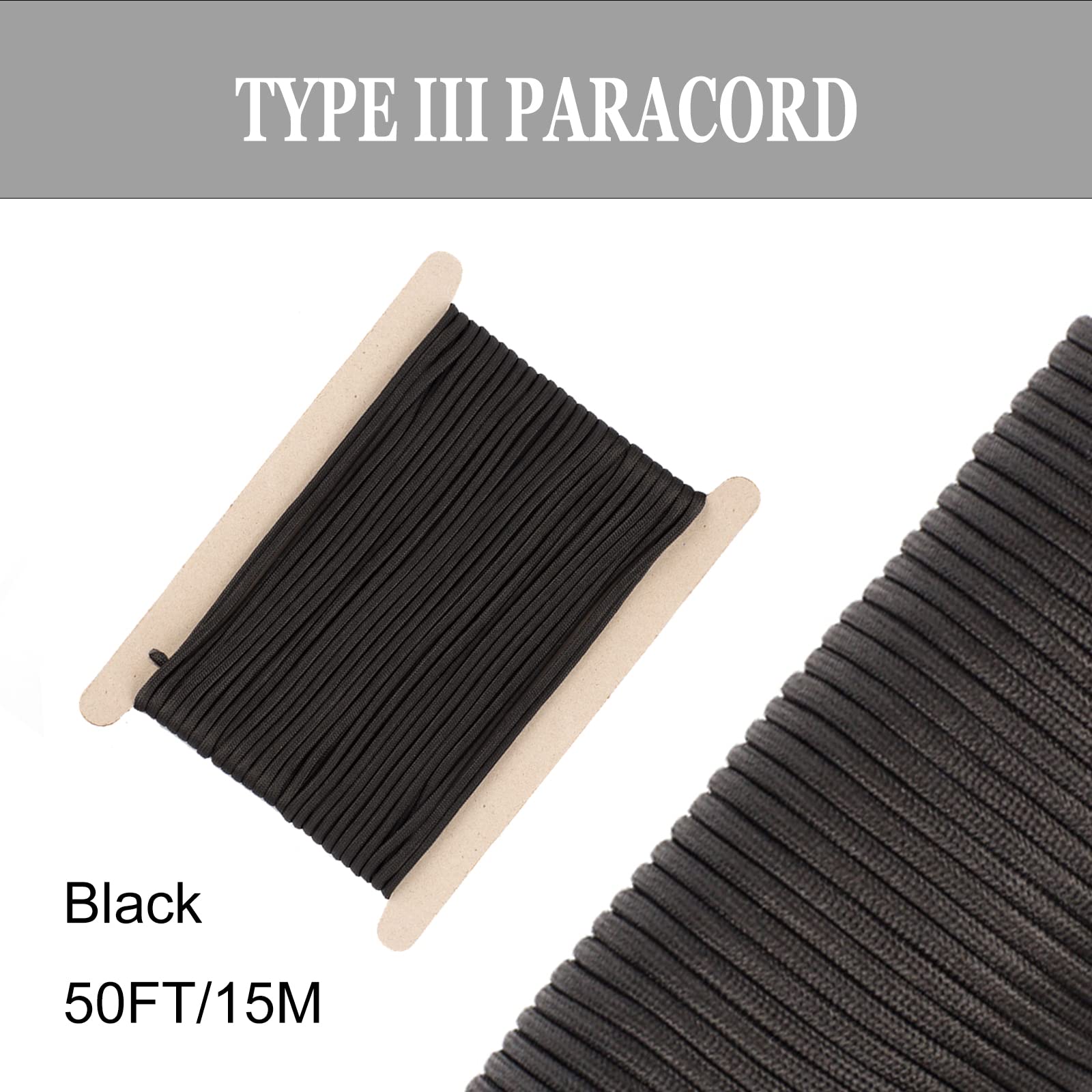 FISHLUND Paracord 550 lb, 7 Strand Type III Paracord Rope 50ft, High Strength Nylon Parachute Cord for Camping, Survival, Tactical and Hiking, Black