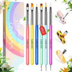 Saviland 6Pcs Nail Art Brushes Set – Rainbow Double-End Nail Art Brushes and Liner Brushes for Nail Extension and Nail Carving, Professional Nail Gel Polish Painting Nail Art Design Brush Pen