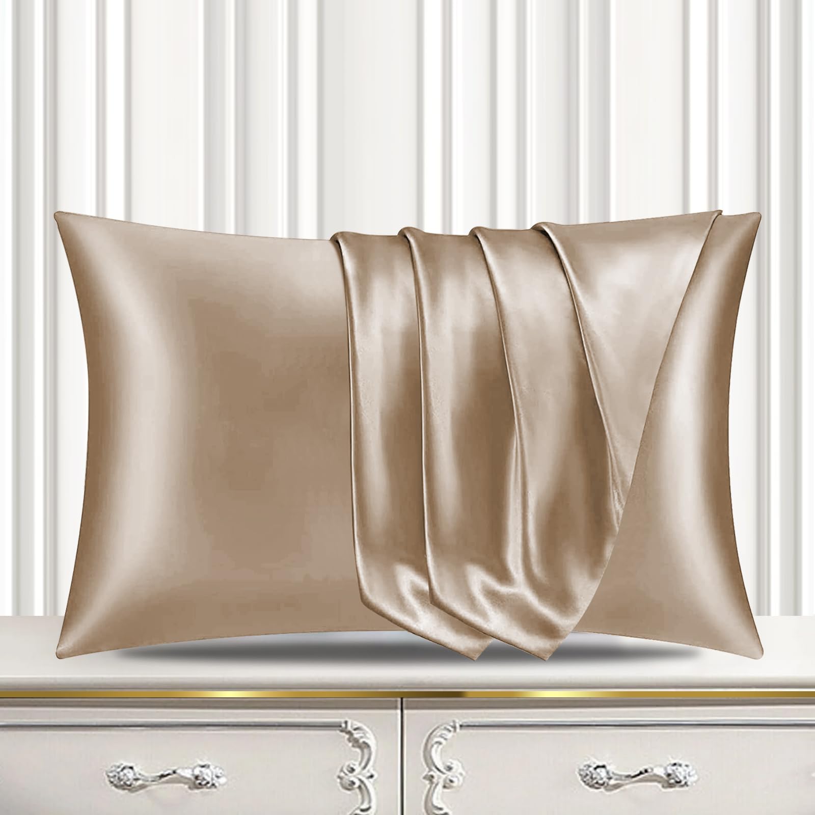 Pamposh Satin Silk Pillowcases For Hair And Skin 4 Pack Standard Size with Envelope Closure (4 Pcs Pillowcases (50 x 75 cm), Champagne)