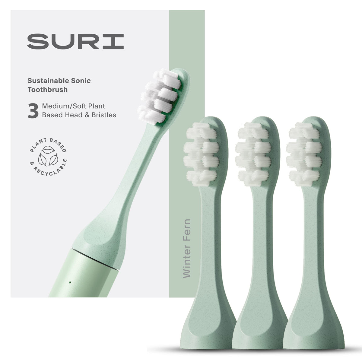 SURI Recyclable Plant-Based, Electric Toothbrush Heads - Built-in Tongue Scraper, Long Lasting Replacement Heads   Compatible Only with SURI Sonic Electric Toothbrush - Winter Fern, Pack of 3