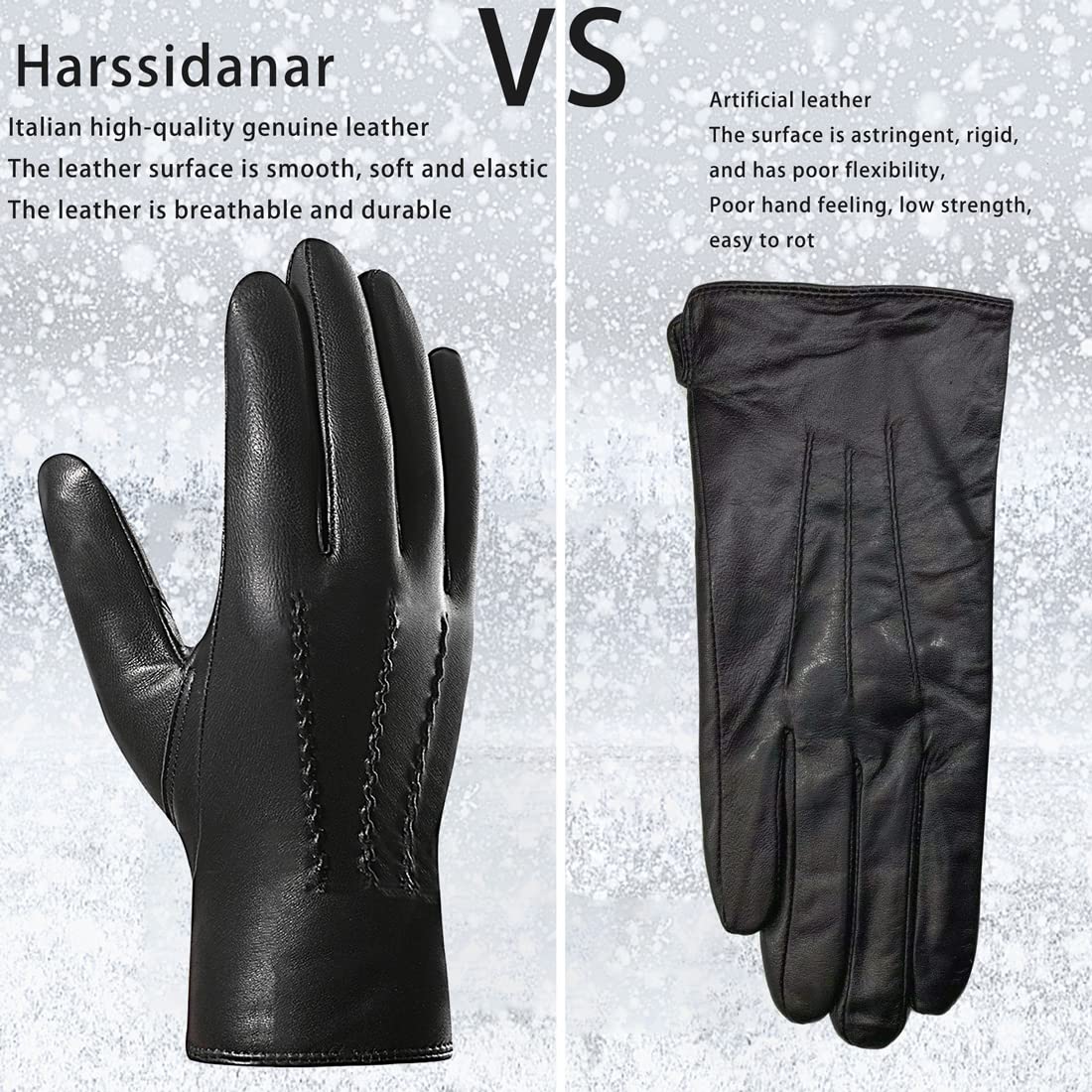 Harssidanzar Mens Goatskin Leather Gloves Fleece Lined,Black, XL