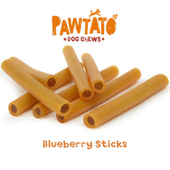 Pawtato Vegan Dog Chews Blueberry Sticks. Natural rawhide alternative dog treat. Low fat, plant based, hypoallergenic, sweet potato and rice chews, 120g