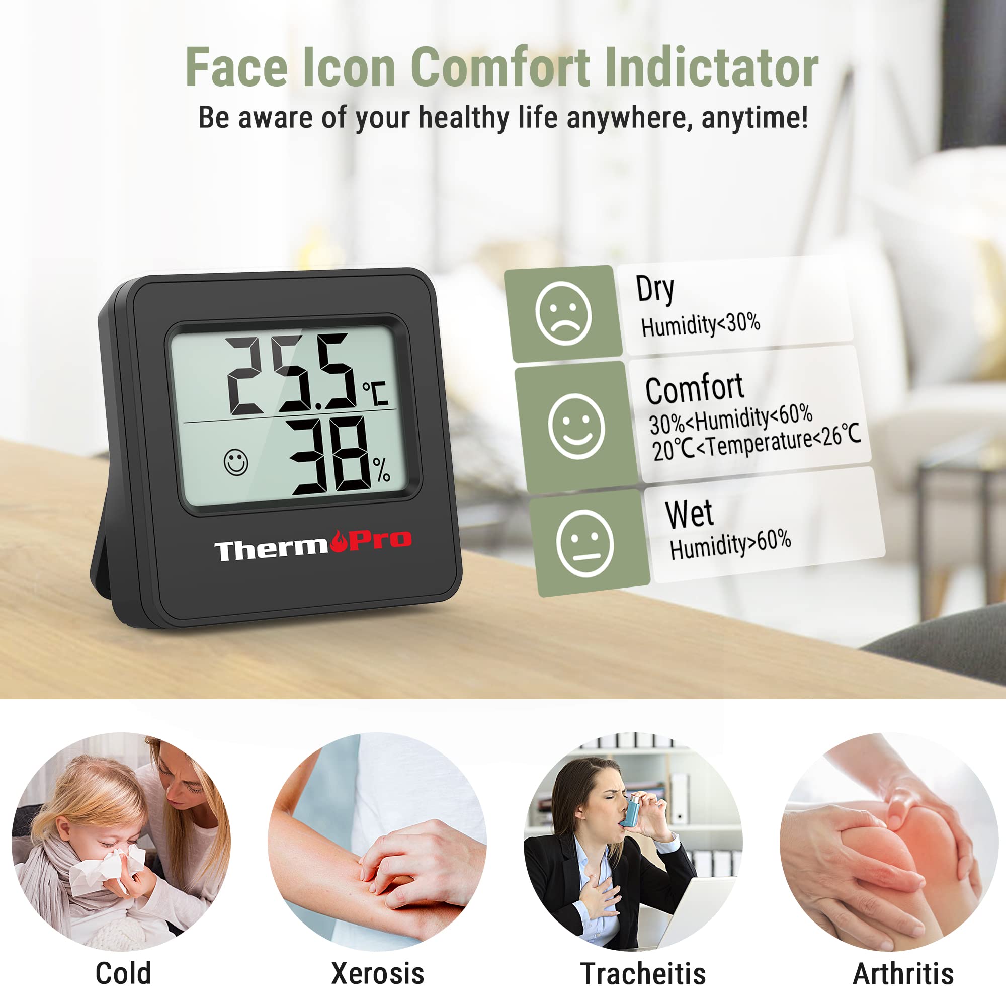 ThermoPro TP157 Digital Hygrometer Indoor Thermometer for Home, Baby Room Thermometer Humidity Meter with Temperature Humidity Sensor and Face Icon Comfort Indicator for Greenhouse Baby Room Office