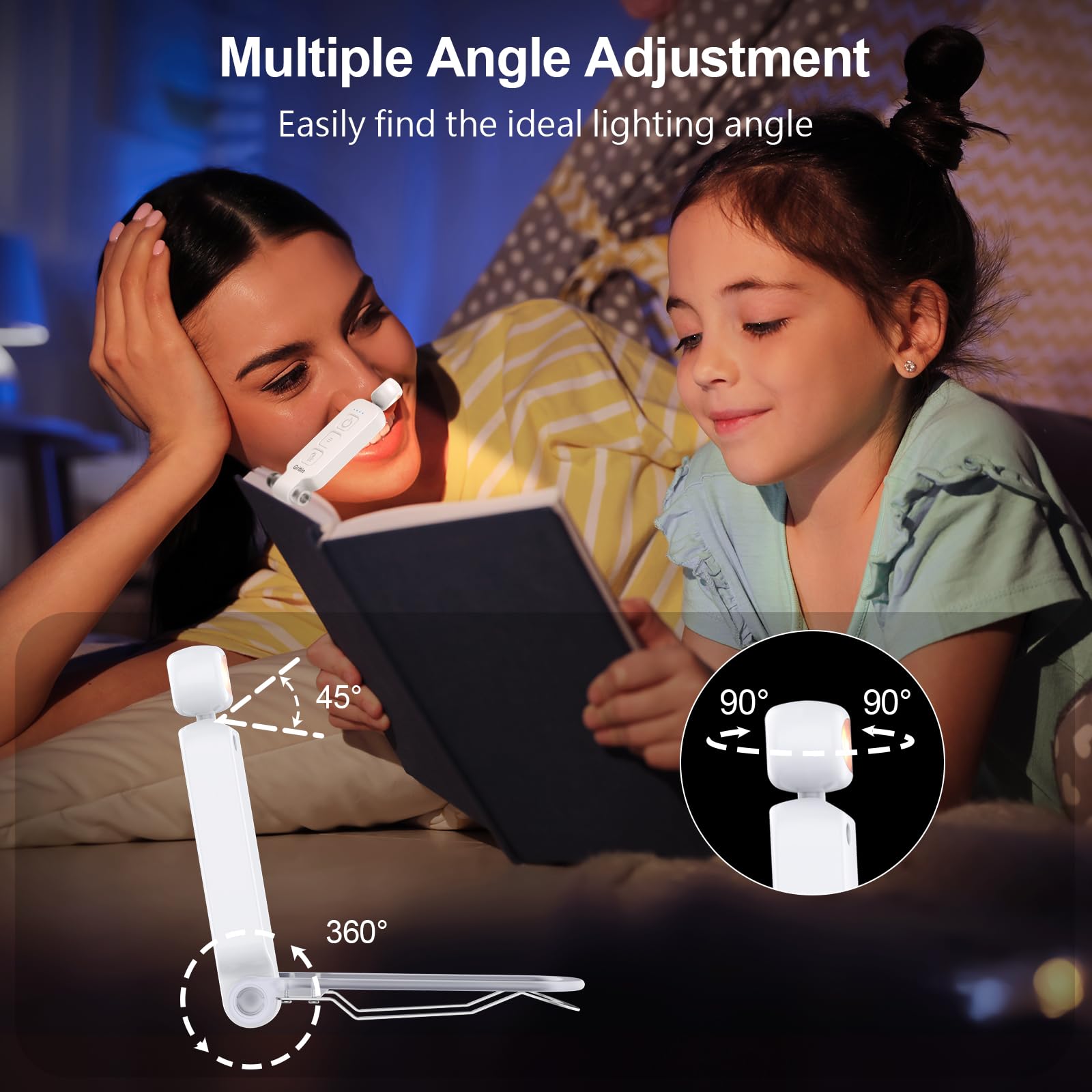 Gritin LED Book Light Rechargeable, Reading Light Lamp Clip on Book, 3 Eye-Protecting Modes (Mixed/White/Amber) & 5 Brightness Levels, Flexible Mini Book Light for Reading in Bed, Book Lovers - White