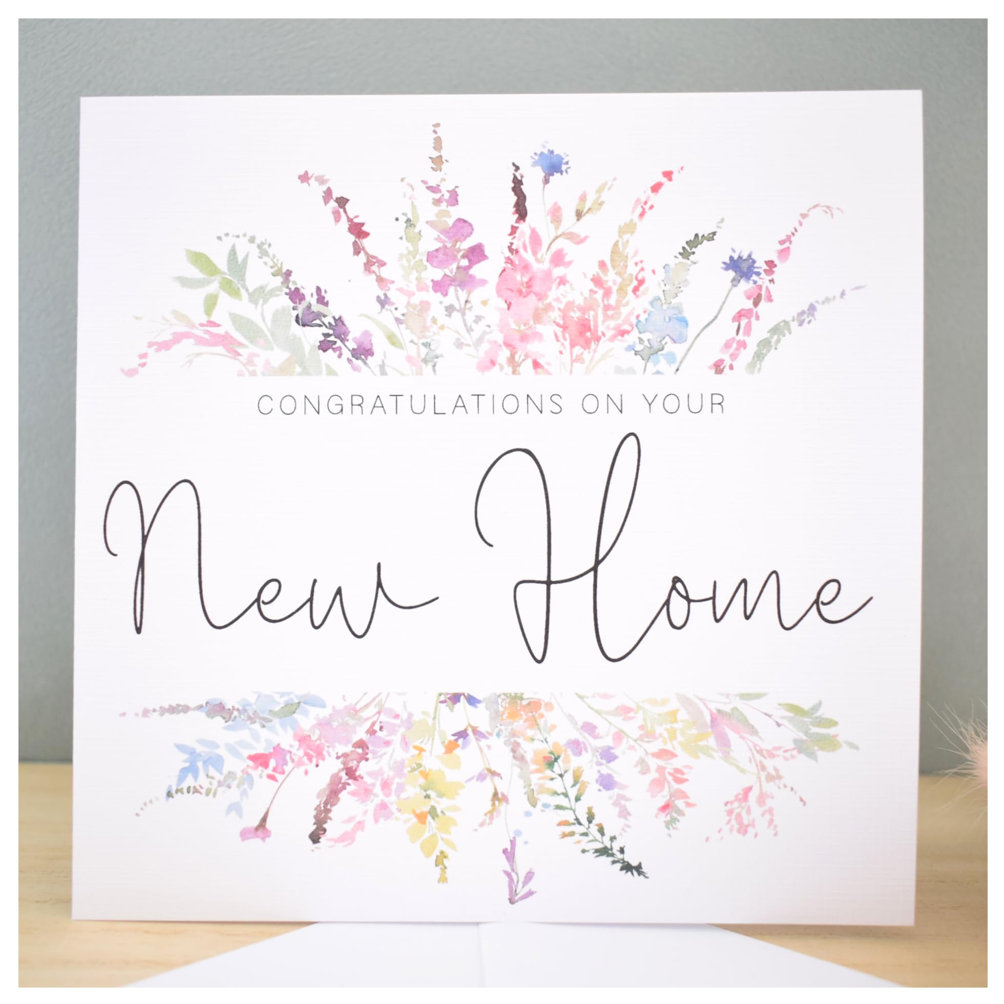 New Home Card   Congratulations New Homeowners Card   Rainbow Spring Summer Florals   Card for Friend sister Mum Colleague Neighbour   148mm Square Modern Greeting Card