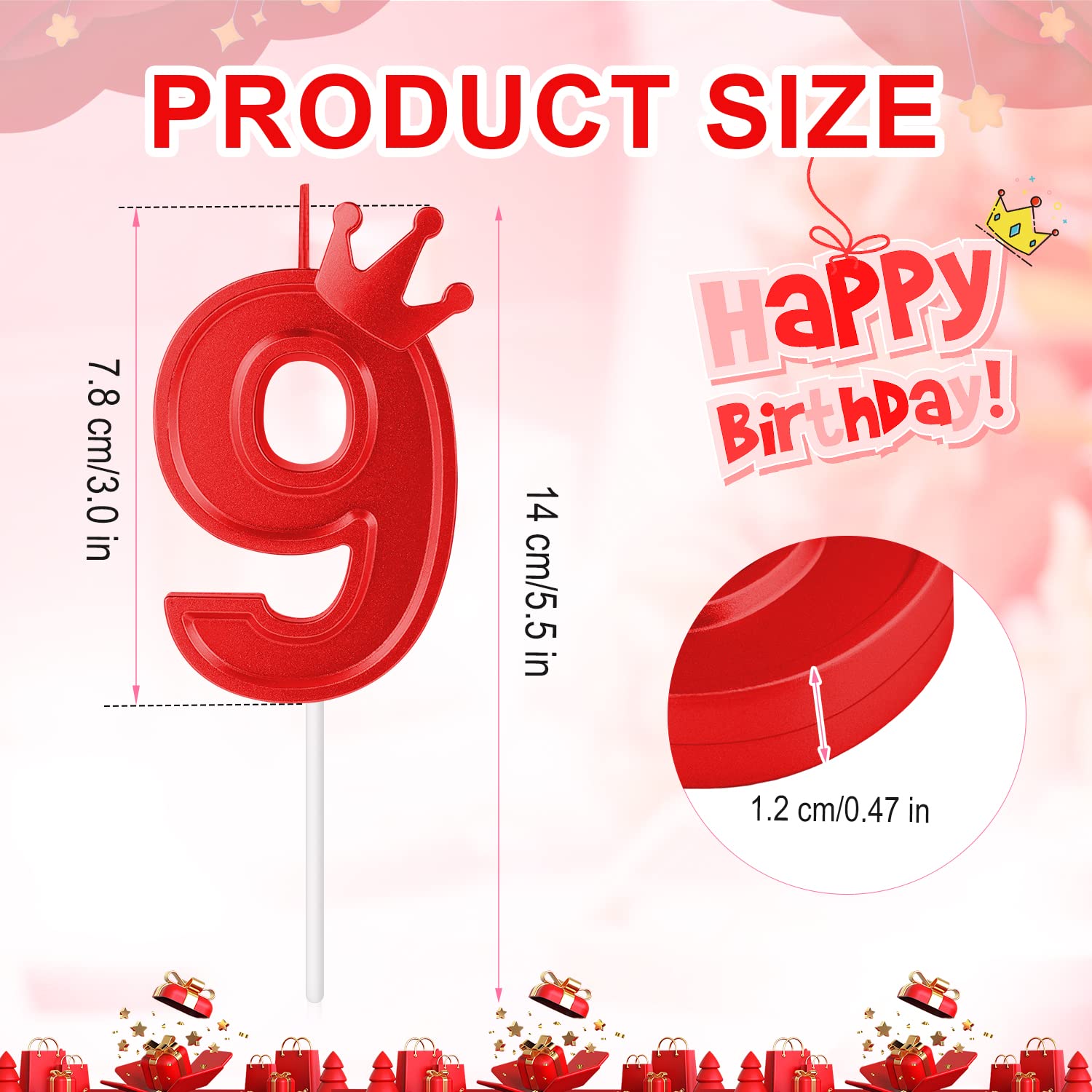 AIEX 3 Inch Birthday Number Candle, Large Birthday Candles 3D Number Candles for Birthday Cakes with Crown Decor Cake Topper Candle for Wedding Valentine Anniversary Festival Party (Red, 9)