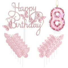 Happy 8th Butterfly Birthday Candles, Pink Number 8 Candle with Butterfly Cake Cupcake Topper for Girls, 8th Birthday Candles Cake Decorations, Cute 8th Birthday Cake Topper for Butterfly Theme Party