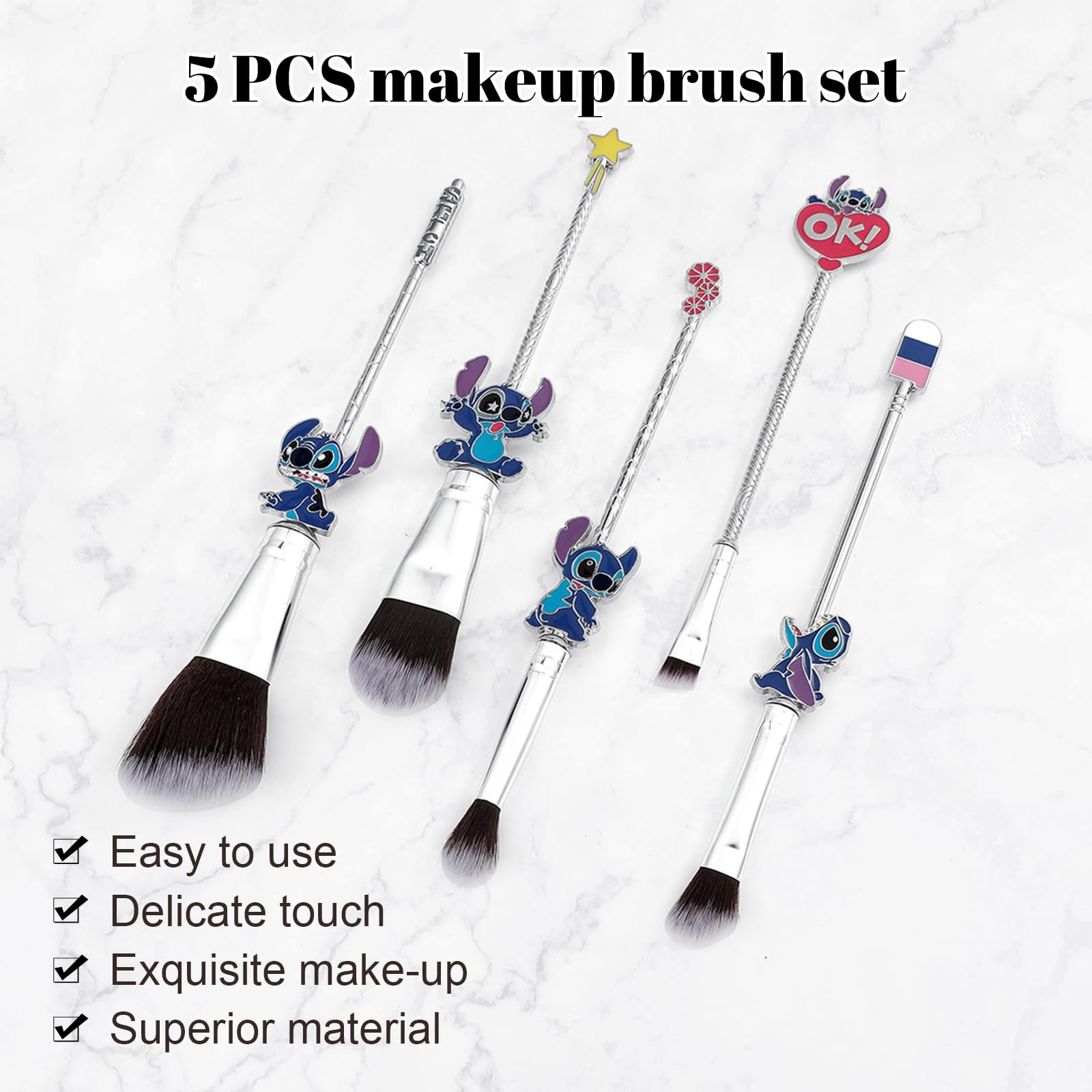 [5 Pcs] Stitch Makeup Brush Set, Lilo and Stitch Gifts Cosmetic Brushes for powder eyeshadow blushes lips, Portable Kawaii Makeup Brush Set, Stitch Gifts for Girl Women