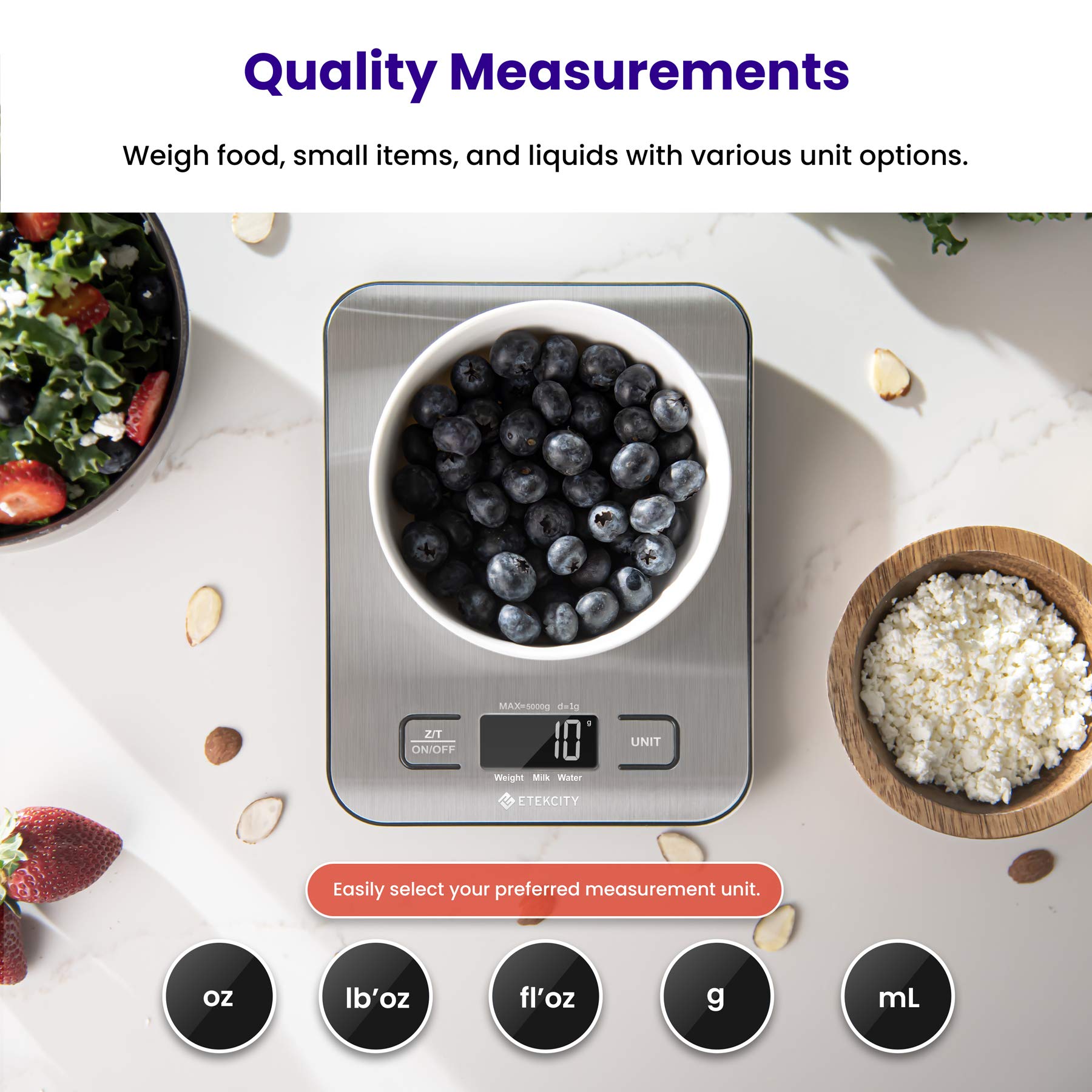 Etekcity Digital Kitchen Scales, Premium Stainless Steel Food Scales, Professional Food Weighing Scales with LCD Display, Incredible Precision up to 1 g (5 kg Maximum Weight), Silver