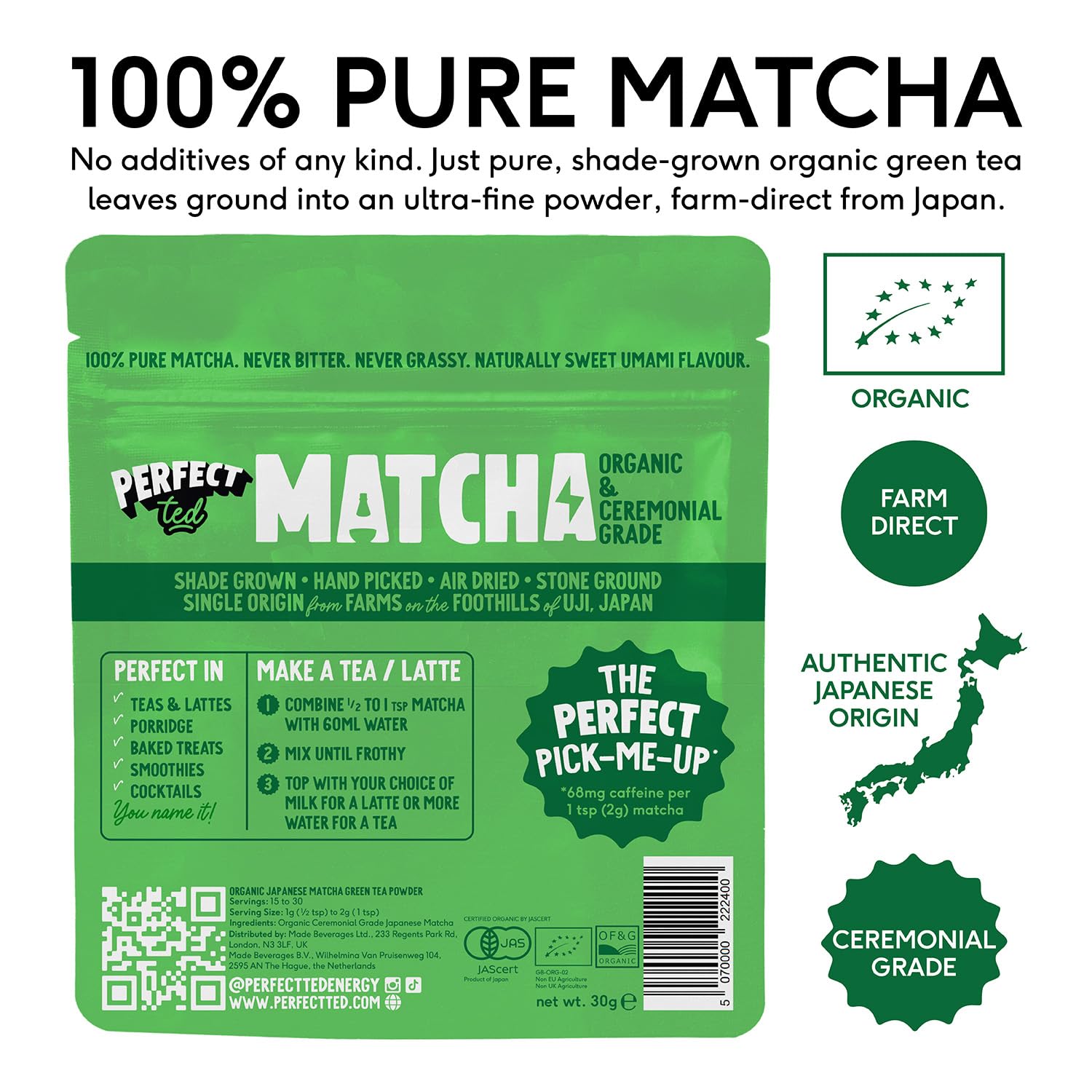 Perfect Ted Organic Matcha Powder   30g   Ceremonial Grade   Single-Origin Uji, Japan   Organic Matcha Latte Powder