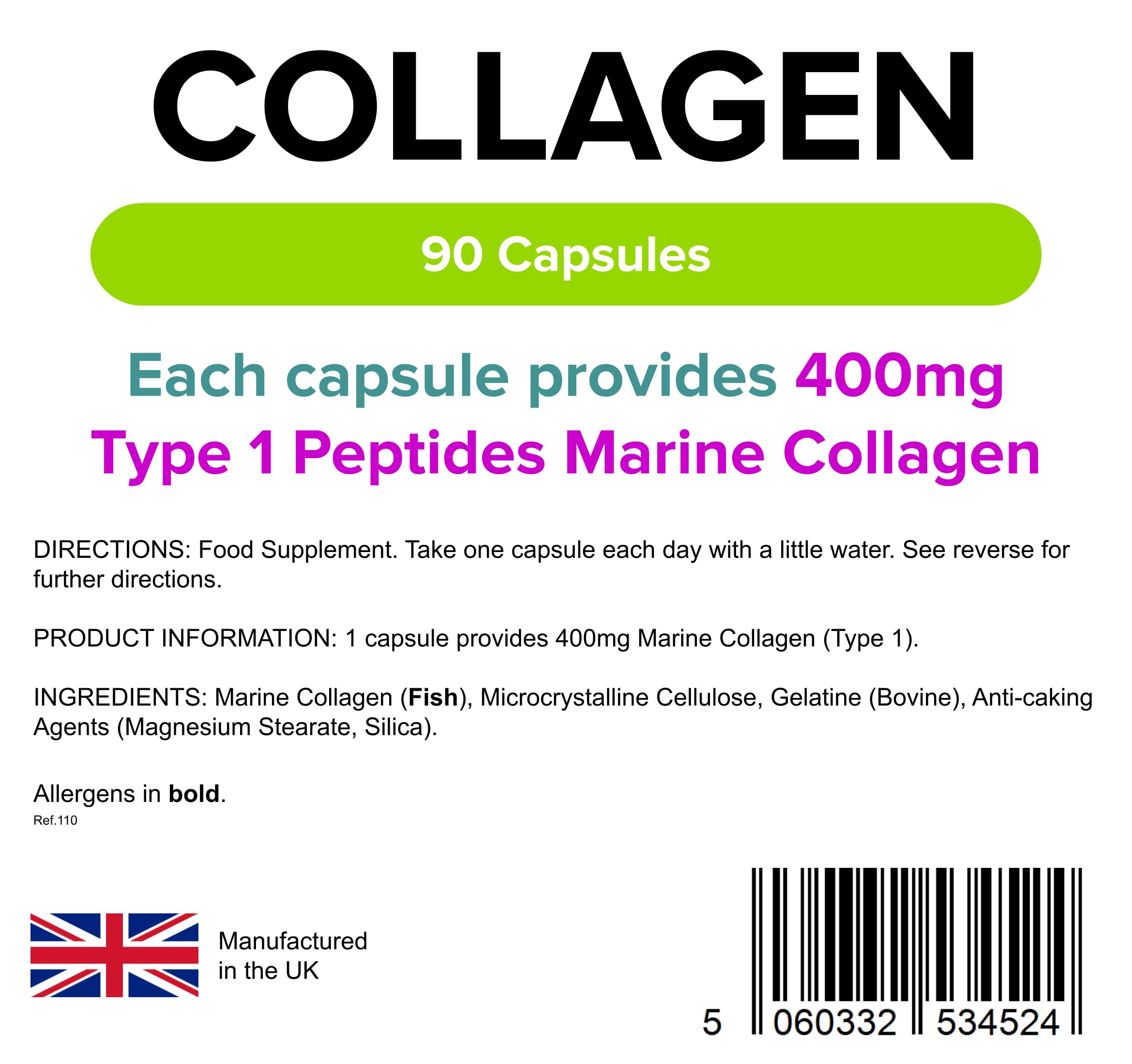 Lindens Collagen (Marine) 400mg Capsules - 90 Pack - Marine Source Hydrolysed Collagen in A Rapid-Release Capsule for Maximum Absorption - UK Manufacturer