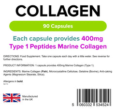 Lindens Collagen (Marine) 400mg Capsules - 90 Pack - Marine Source Hydrolysed Collagen in A Rapid-Release Capsule for Maximum Absorption - UK Manufacturer