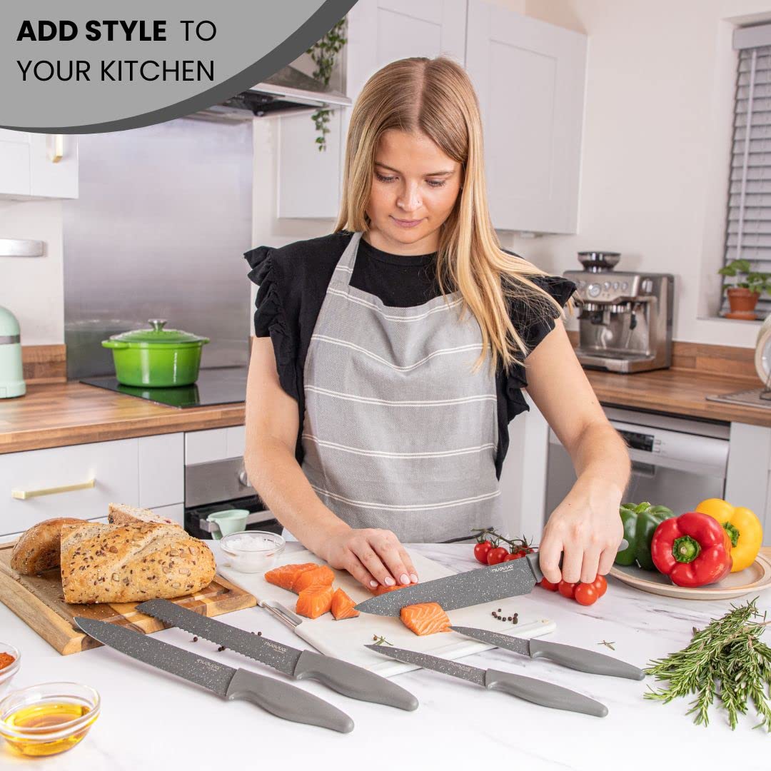 nuovva Professional Kitchen Knife Set – 5pcs Grey Kitchen Knives – Stainless Steel Granite Non Stick Blades – Chefs, Filleting, Bread, Paring and Utility Knives