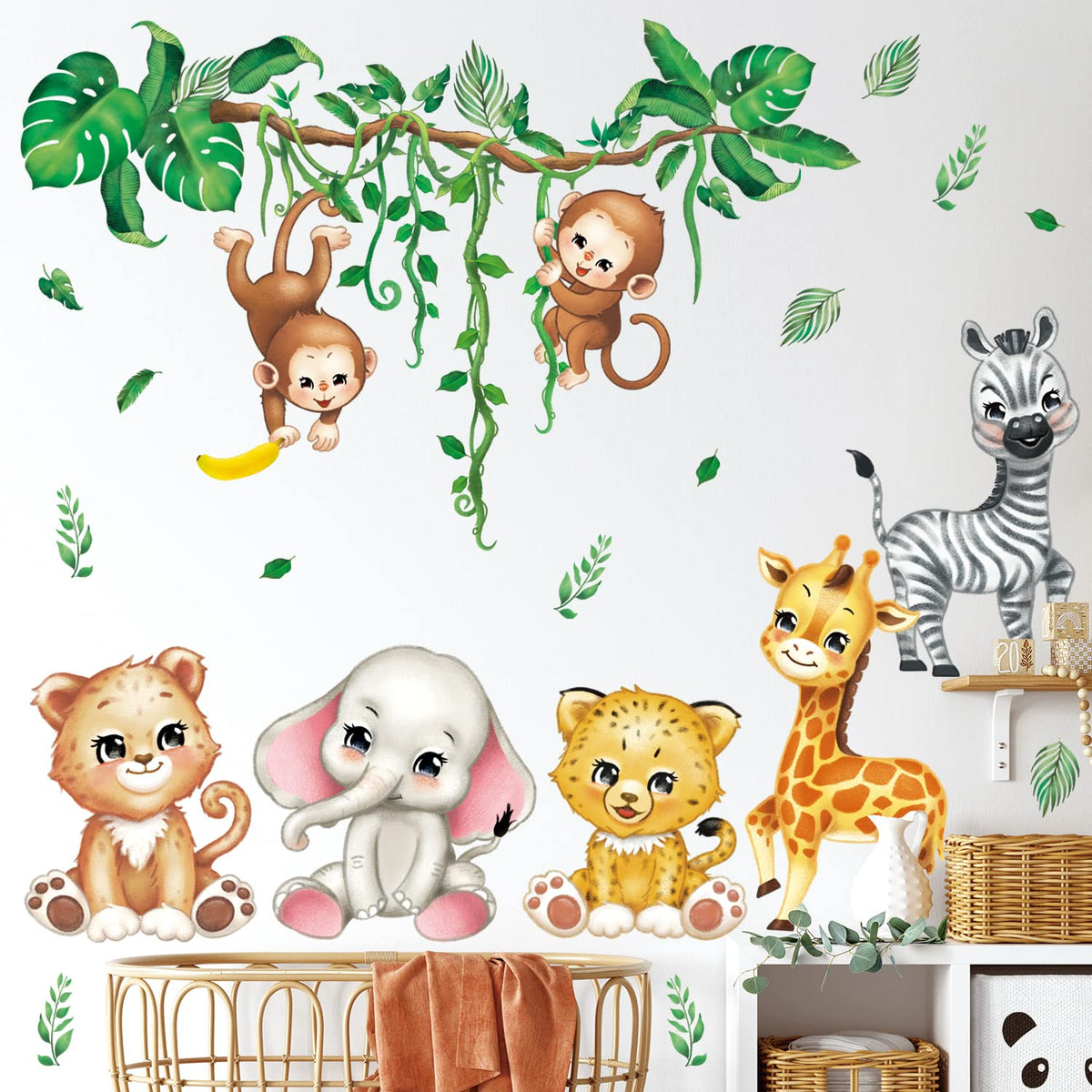 DECOWALL DS12-8073 Jungle Animals Wall Decals Elephant Giraffe Safari Wall Stickers Baby Nursery Kids Room Living Room Wall Décor