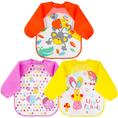 Vicloon Bibs with Sleeves, 3pcs Waterproof Long Sleeve Bib, Baby Feeding Bib Unisex Feeding Bibs Apron for Infant Toddler 6 Months to 3 Years Old（Orange-Purple-Yellow）