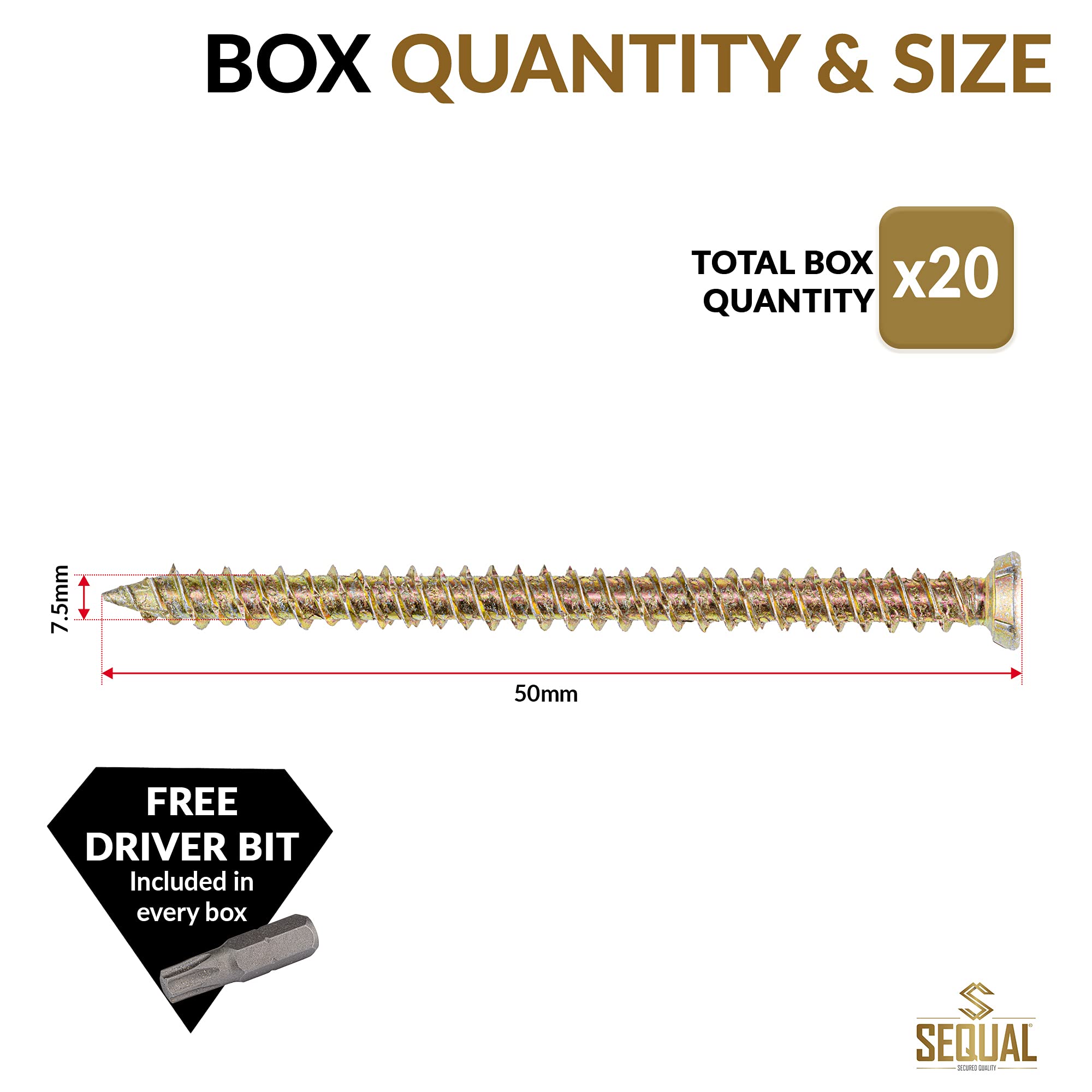 SEQUAL® 50mm (Pack Of 20) Easy Drive Countersunk Direct Concrete Screws. No Plugs Needed Concrete Screw Pack Countersunk Screw With Torx Head, T30 Torx Driver Bit Included In Every Screw Pack.