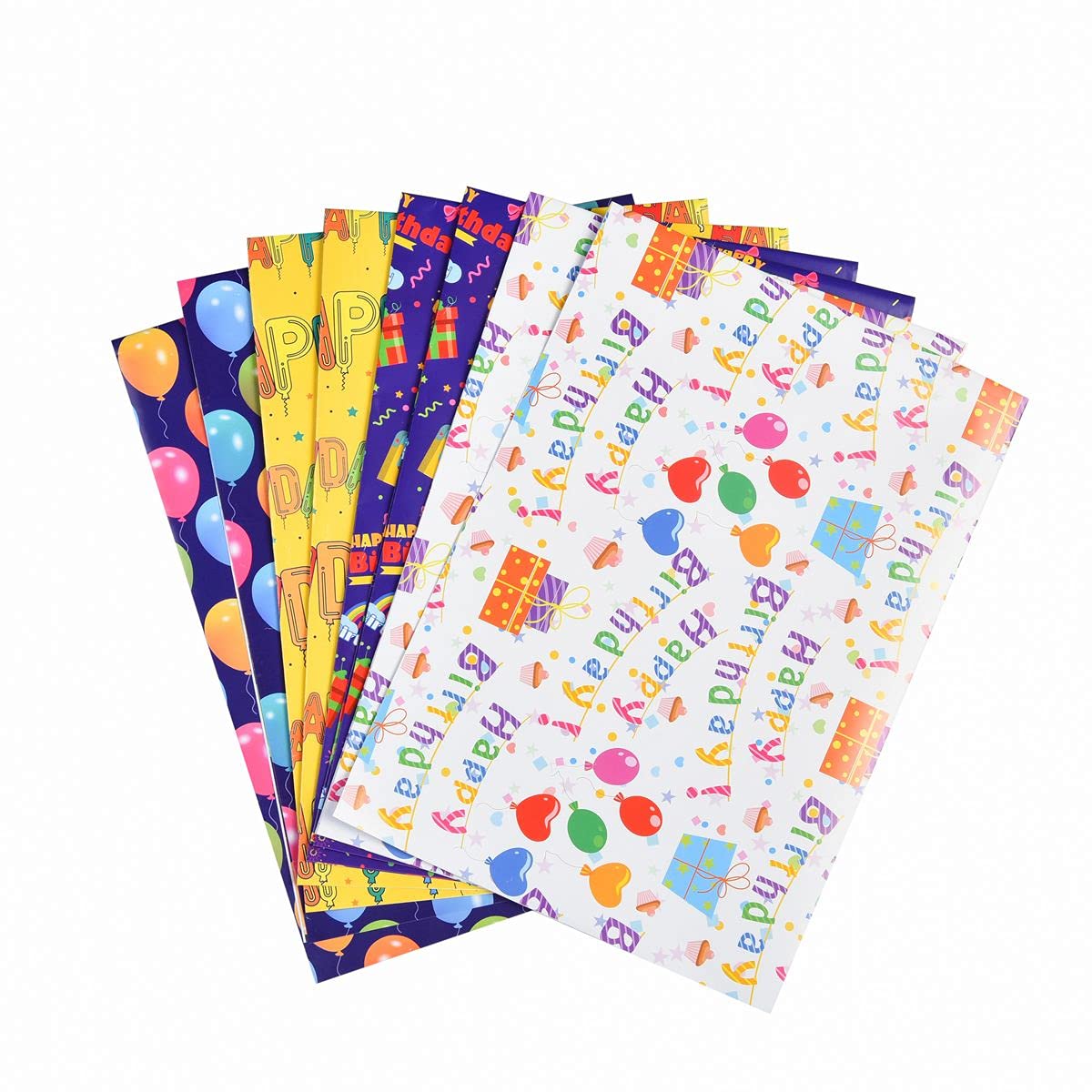 Birthday Gift Wrapping Paper, 8 Pack 70x50cm Folded Sheets with Free Birthday Card for Men, Women, Kids Presents Wrap