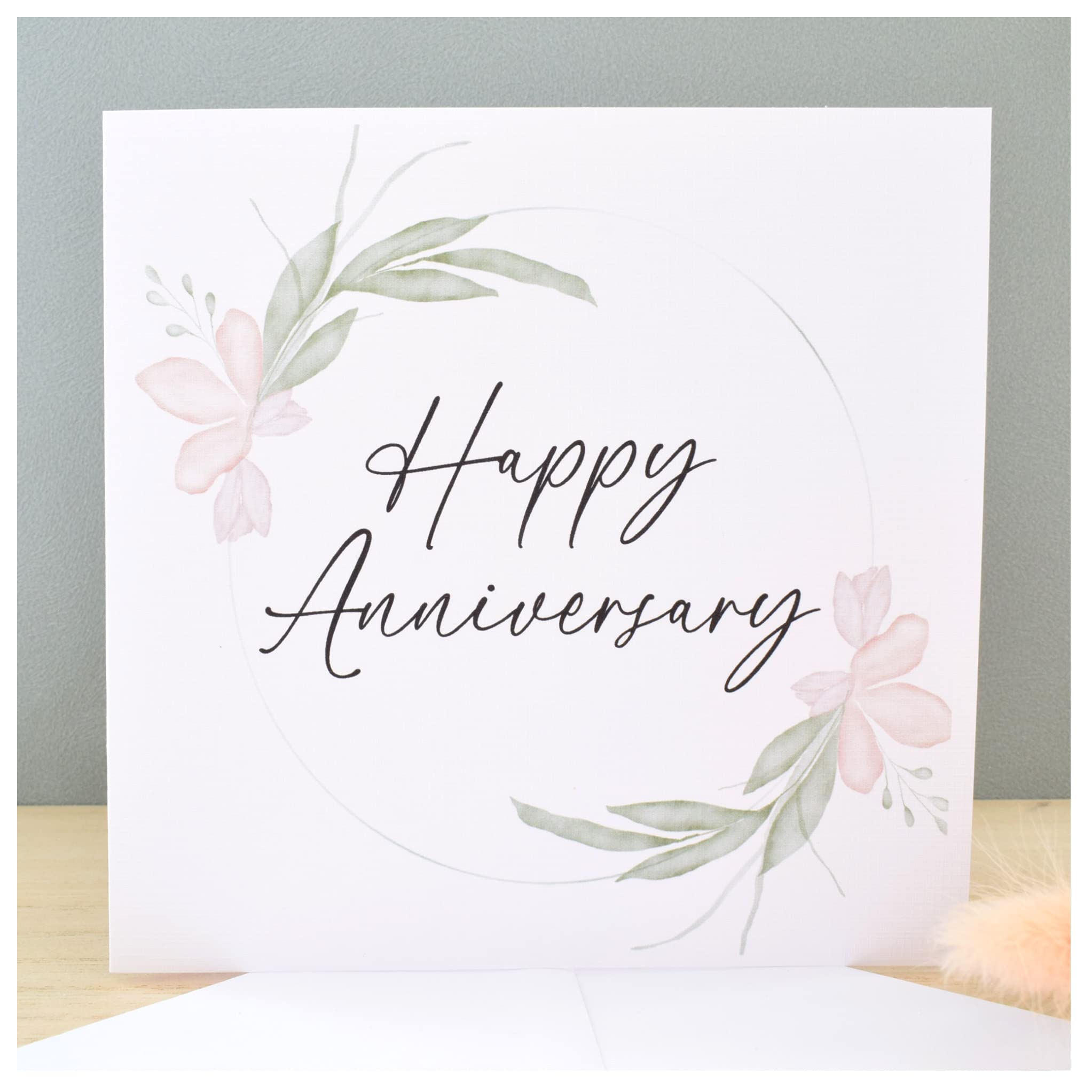 Congratulations on your Anniversary Card   Couple Congrats Card   Card for Any Year   Husband Wife Boyfriend Girlfriend Elegant Floral Wreath   148mm Square Modern Greeting Card