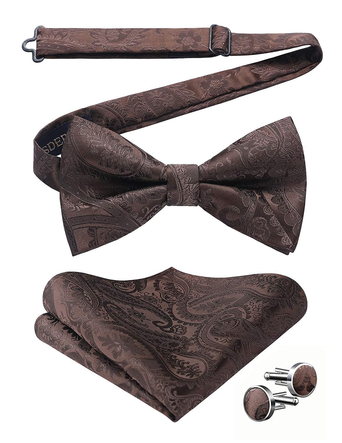 HISDERN Bow Tie Pre tied Mens Brown Paisley Bow Ties & Pocket Square Set with Cufflinks Wedding Party Bowties Handkerchief Bow-tie,Brown