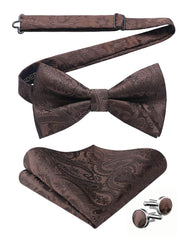 HISDERN Bow Tie Pre tied Mens Brown Paisley Bow Ties & Pocket Square Set with Cufflinks Wedding Party Bowties Handkerchief Bow-tie,Brown