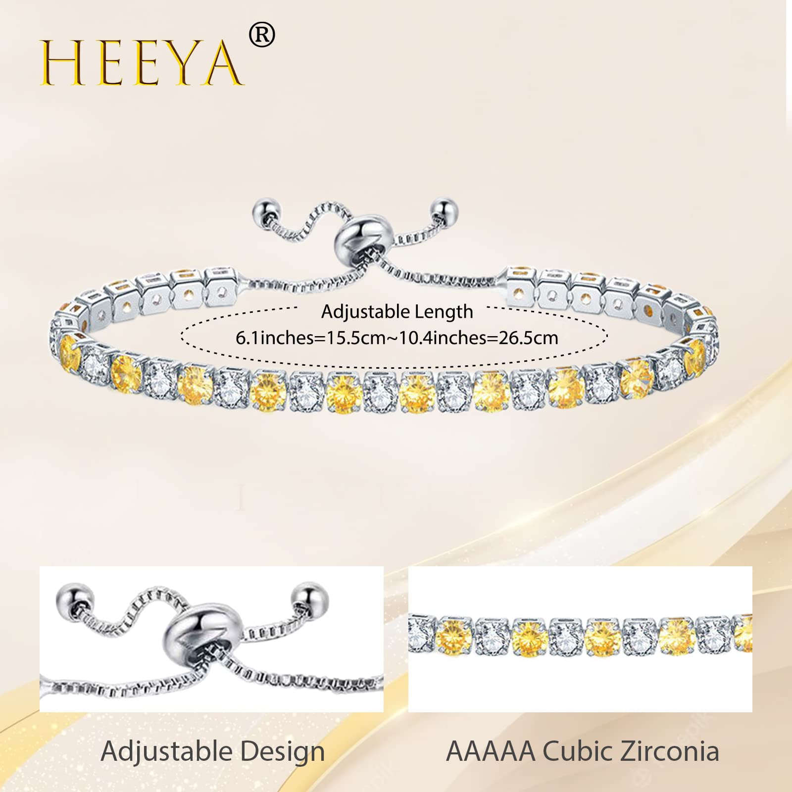 Yellow Tennis Bracelets for Women,Sterling Silver Bracelet-Yellow Adjustable Diamond Bracelet,Silver Crystal Friendship Bracelet,Lady Bracelet Cubic Zircona Jewllery Birthday Gifts for Her