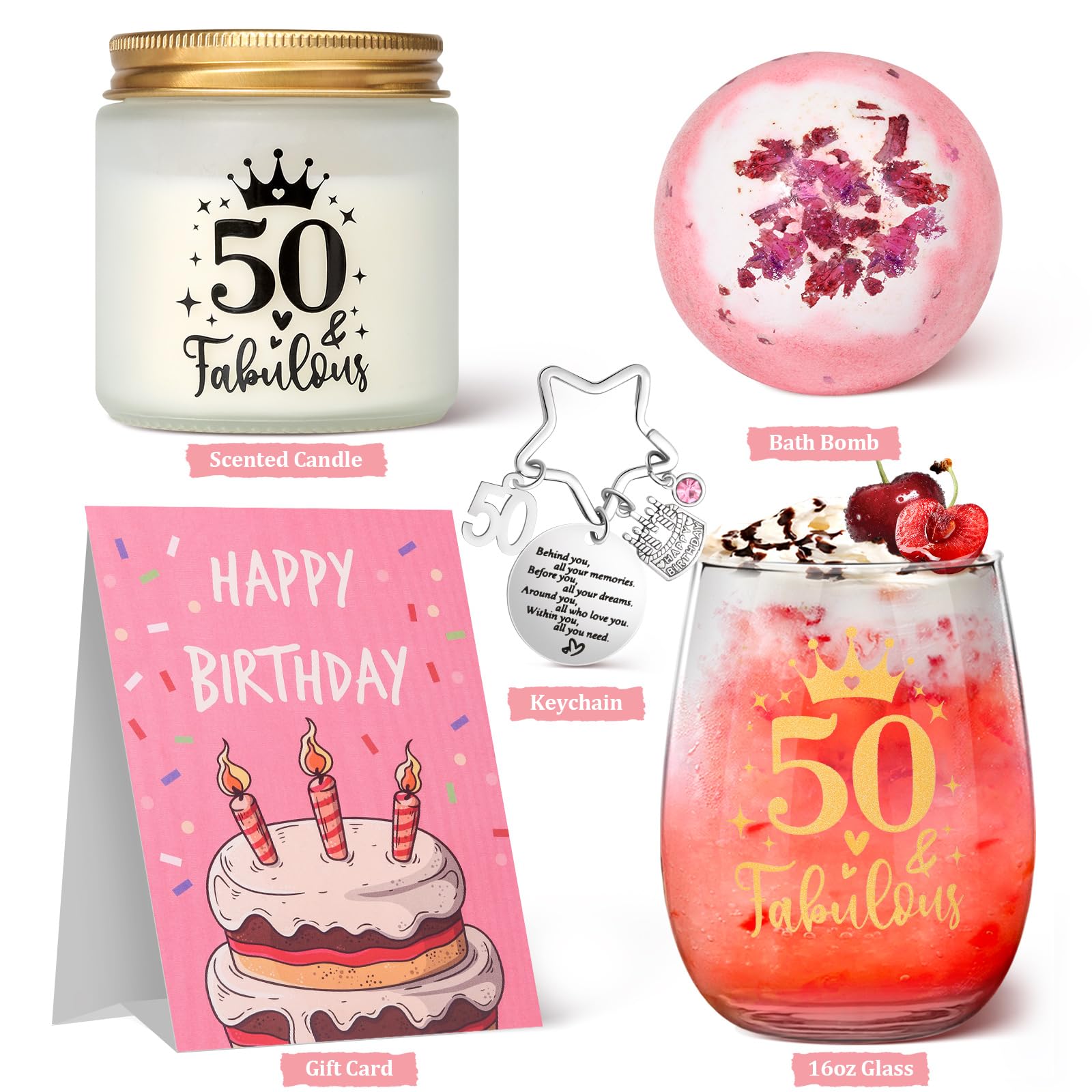 Tecanne 50th Birthday Gifts for Women, Birthday Pamper Gifts for Her, Personalised Glass 50th Wine Glass Gift Set, Gin Gift Box for Mum, Sister, Best Friends