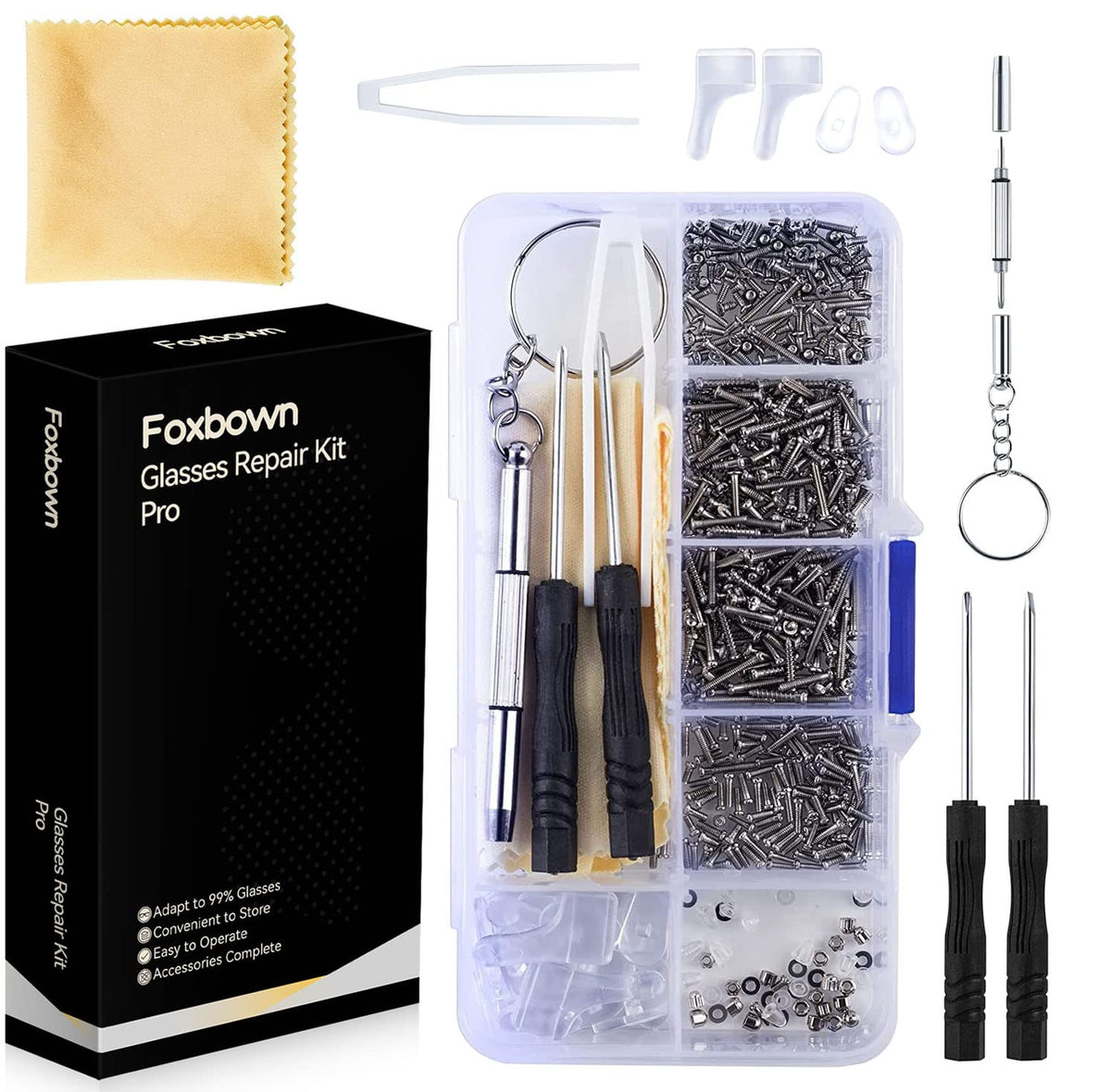 Foxbown Glasses Repair Tool Kit, 500 Pcs Spectacles Repair Screws Set with Mini Screwdriver, Screws Nuts, Silicone Nose Pads, Tweezer, Glasses Cloth