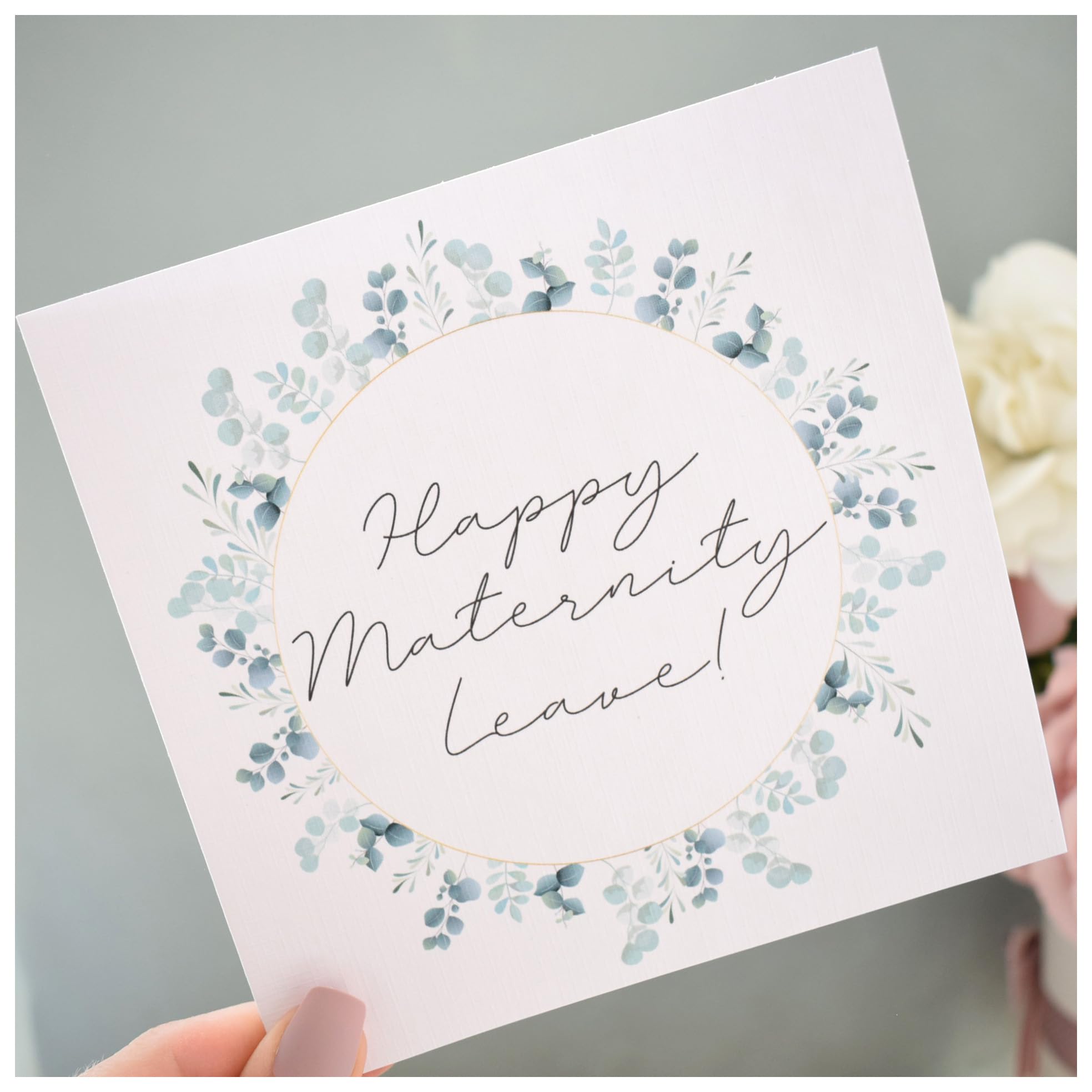 Happy Maternity Leave Card   Baby Shower   Pregnancy Congratulations   Mummy To Be Card   Eucalyptus Grrenery Wreath   148mm Square Modern Greeting Card