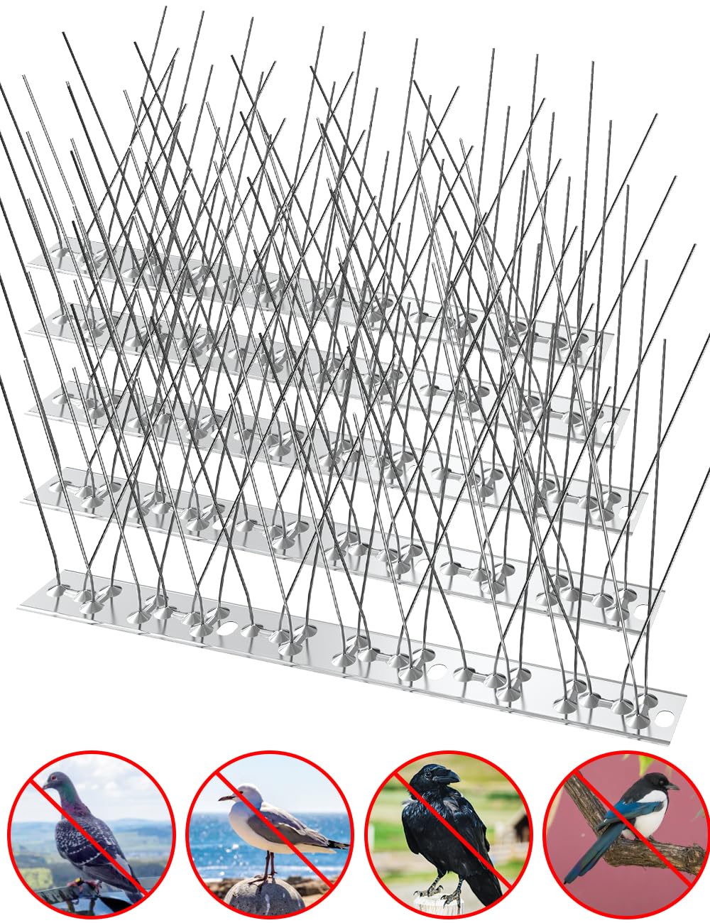 wohohoho Bird Spikes for Pigeons with Stainless Steel Base, 1.25M (4.1ft) Pigeon Spikes for Roofs and Windows. Bird Control Anti Pigeon Spikes Bird Deterrent Set for Crows, Seagulls and Small Birds