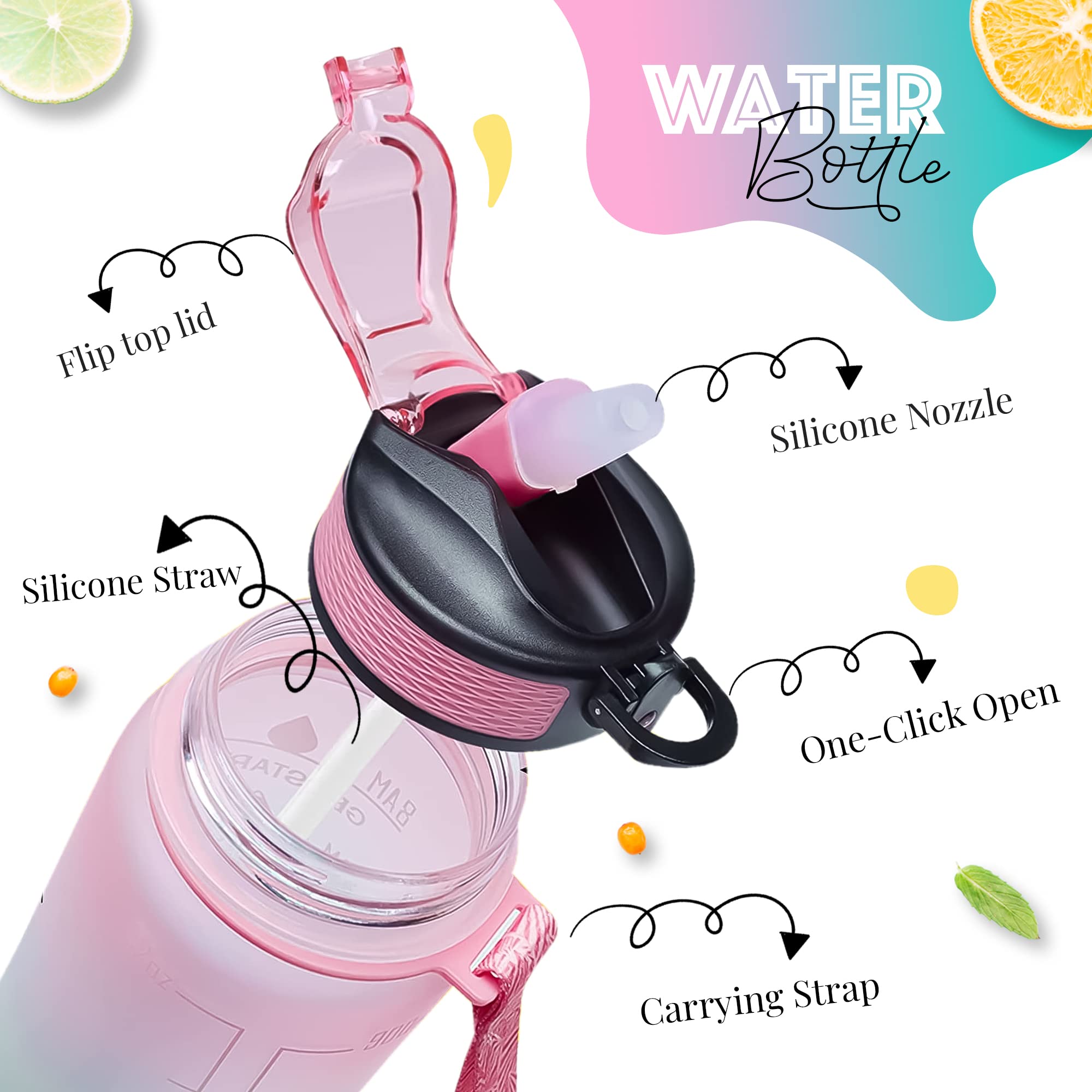 Water Bottle 1000ml Sports Water Bottle with Motivational Time Marker & Straw, Dishwasher Safe Leak-proof Drink Bottle BPA Free Non-Toxic Tritan Material 1 Click Open for Running Gym (Blue Gradient)