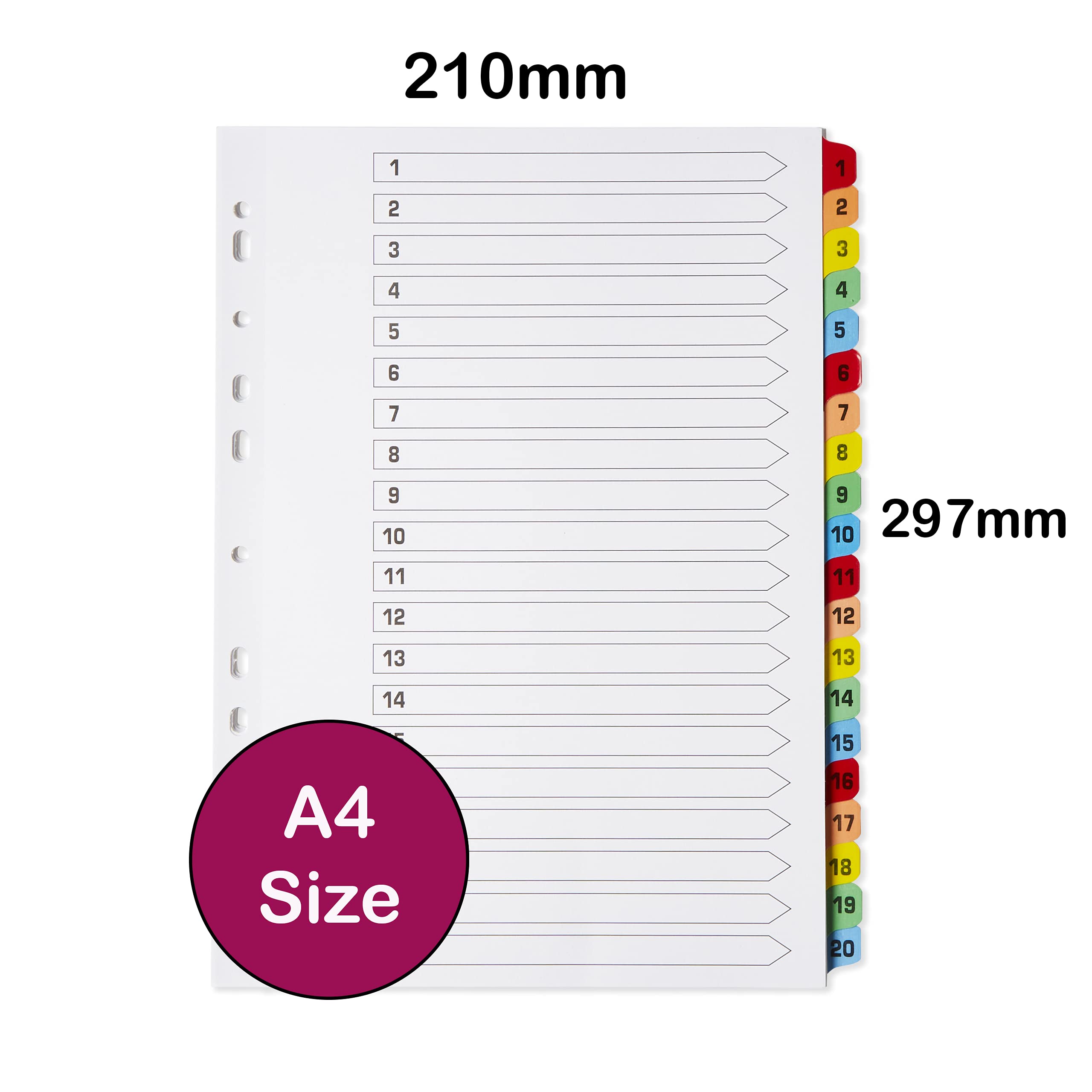 [5 Pack] A4 File Dividers 20 Part Numbered 1-20   A4 Subject Dividers 20 Part Numbered 1-20 with Multipunched Reinforced Colour Tabs 150gsm