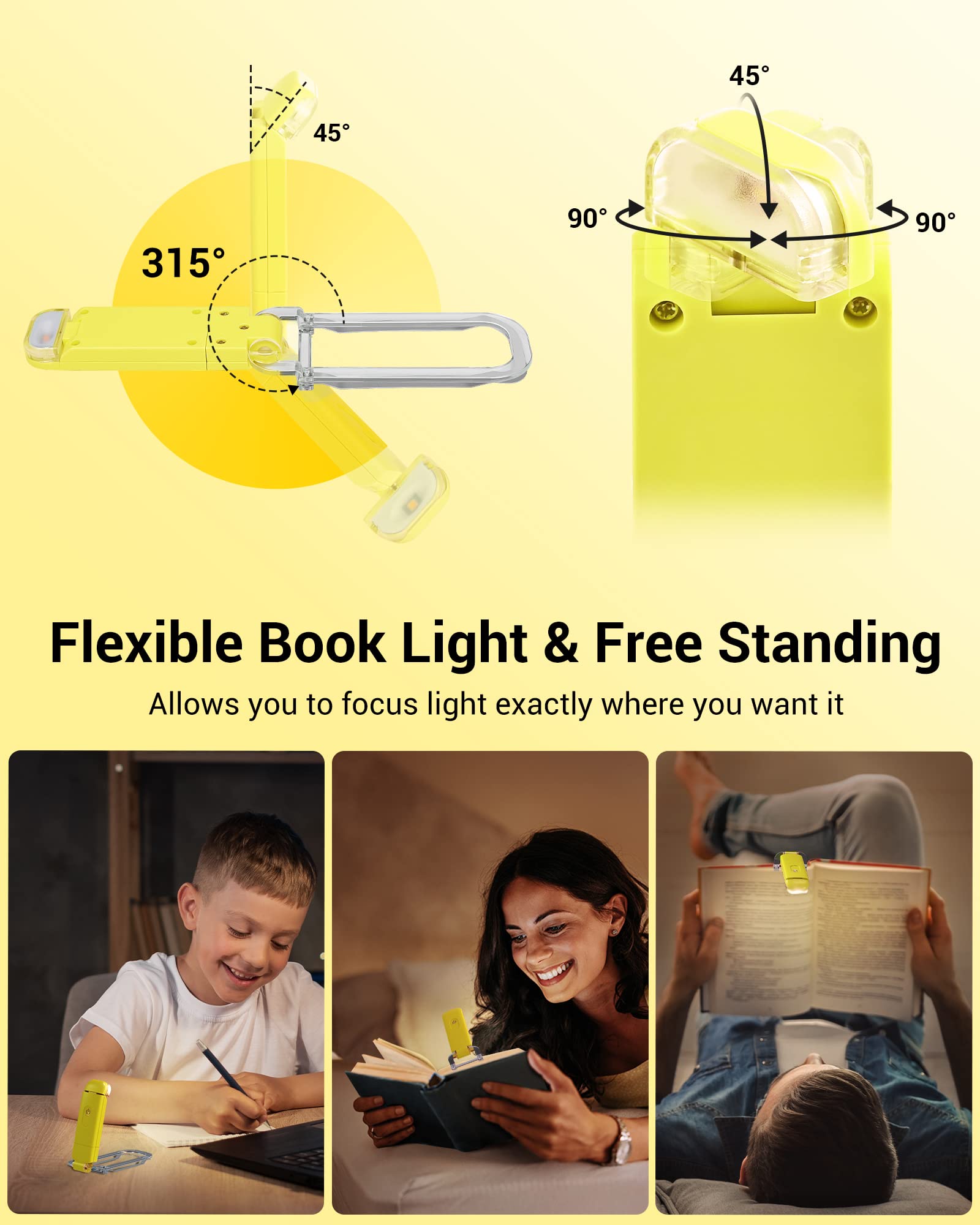 DEWENWILS Book Reading Light, Warm White Clip On LED with 2 Adjustable Brightness for Eye Protection, Rechargeable USB, Christmas Gifts for Bookworms, Kids(Yellow)