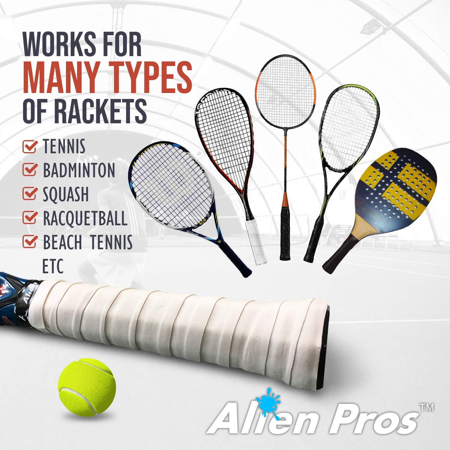 Alien Pros Tennis Racket Grip Tape (6 Grips) – Precut and Light Tac Feel Tennis Grip – Tennis Overgrip Grip Tape Tennis Racket – Wrap Your Racquet for High Performance (6 Grips, White)