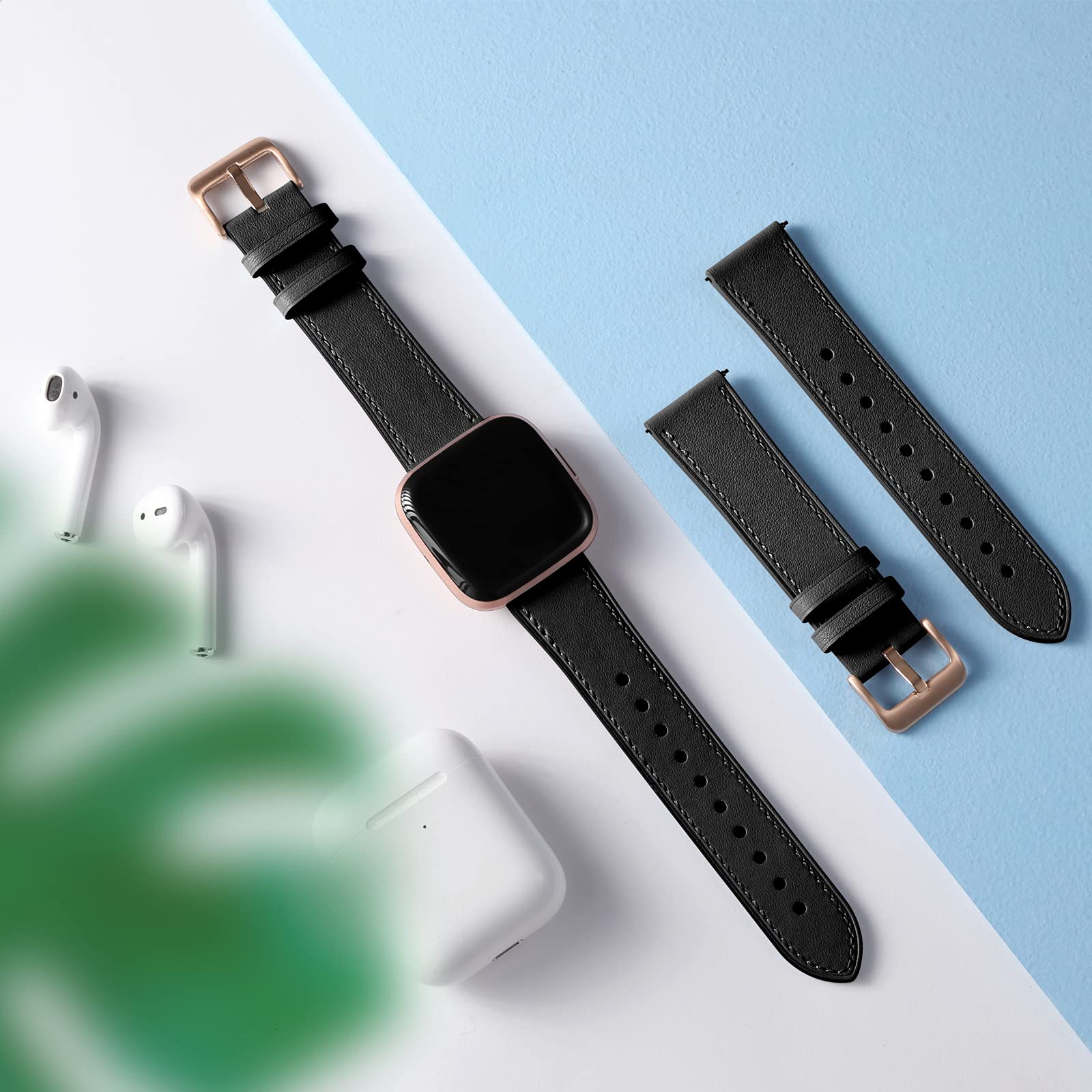 CeMiKa Leather Strap Compatible with Fitbit Versa Strap/Fitbit Versa 2 Strap, Classic Replacement Leather Straps Compatible with Fitbit Versa/Versa 2/Versa Lite Strap, Black/Rose Gold