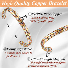 Cigmag Copper Magnetic Bracelet for Women 99% Solid Pure Copper Ultra Strength Magnet Adjustable Brazaletes Cuff Bangle with Gift Box (Tricolor Feather)