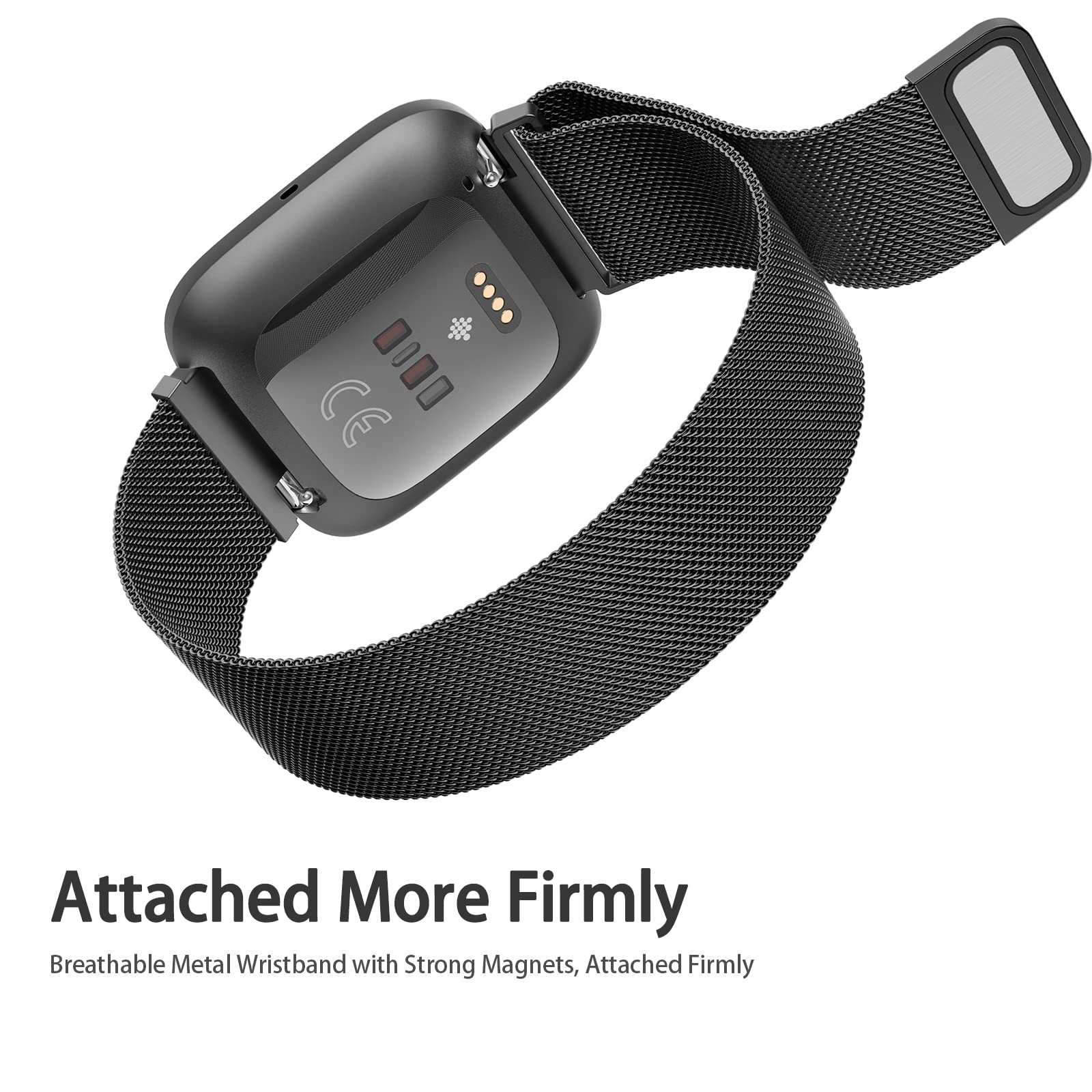 Strap compatible with Fitbit Versa Strap/Fitbit Versa 2 Straps for Women Men, Breathable Stainless Steel Mesh Loop Adjustable Wristband Replacement Metal Strap (Black,Small)