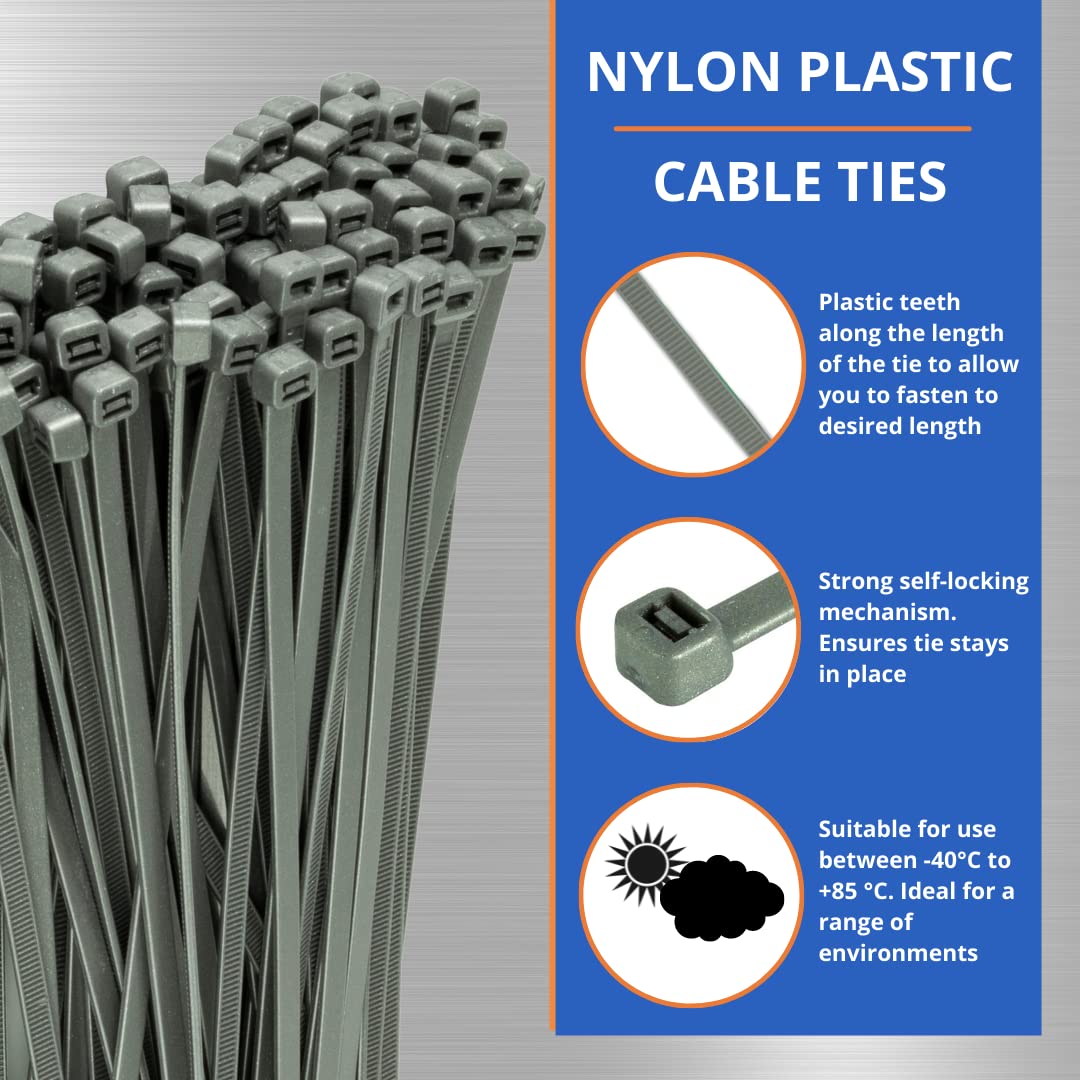 GTSE Silver Cable Ties, 200mm x 2.5mm, Pack of 100, 8” Premium Nylon Zip Ties, Multi-Purpose Plastic Tie Wraps, Secure Self-Locking Mechanism, for Home, Garden, Office and DIY