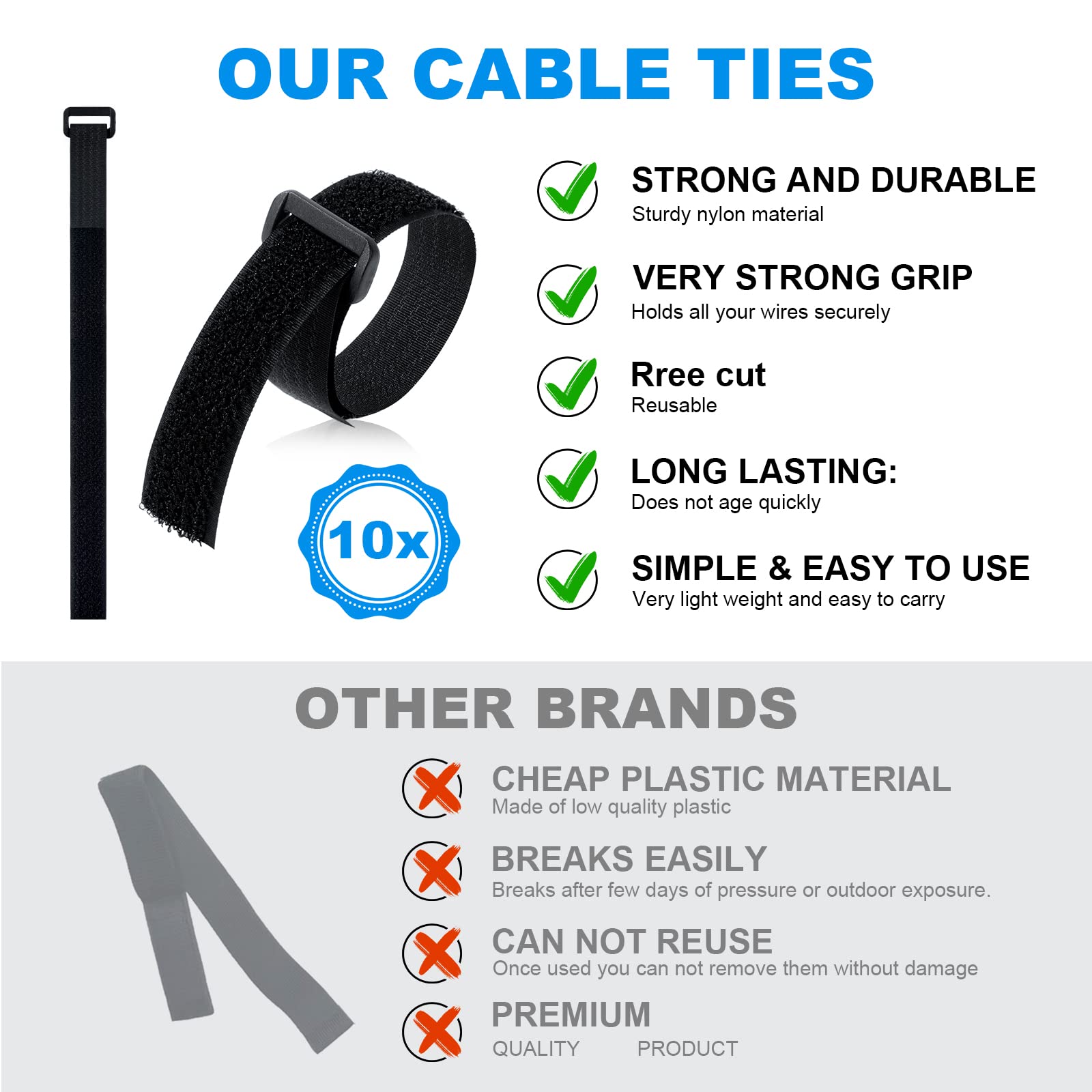 Ainiv Cable Straps, 5m(Width:20mm)) Adjustable Free Cut Length, Reusable Self-Adhesive Tape Cable Ties with 10 Buckles, Multipurpose Wire and Cable Organizer for Office, Home (Black)