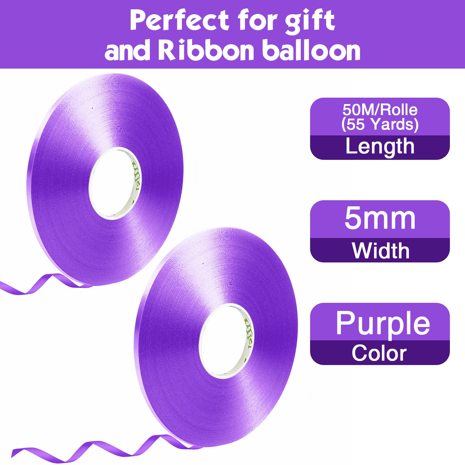 DONQL 2 PCS Balloon Ribbon, 50M Per Roll with 5mm Width, Ribbon for Balloons, Balloon string for Gift Wrapping, balloon ribbon and weights，Ribbons for Crafting Chirstmas Ribbon,Curling Ribbon (purple)