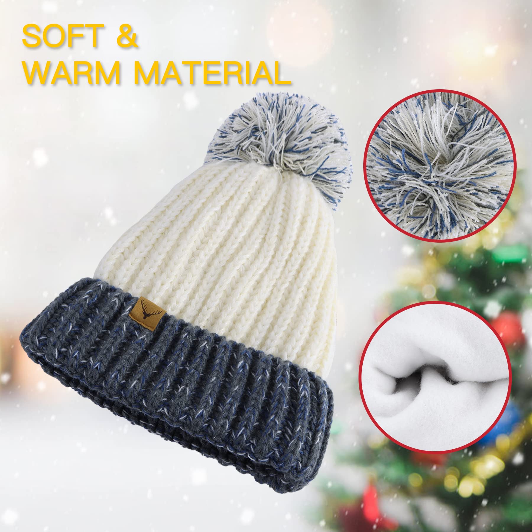 ECOMBOS Winter Bobble Hats Beanie Hat Cable Knitted Hat with Thermal Hat Womens Colorful Bobble Pom Pom Hats for Ladies Outdoor Sports Ski UK