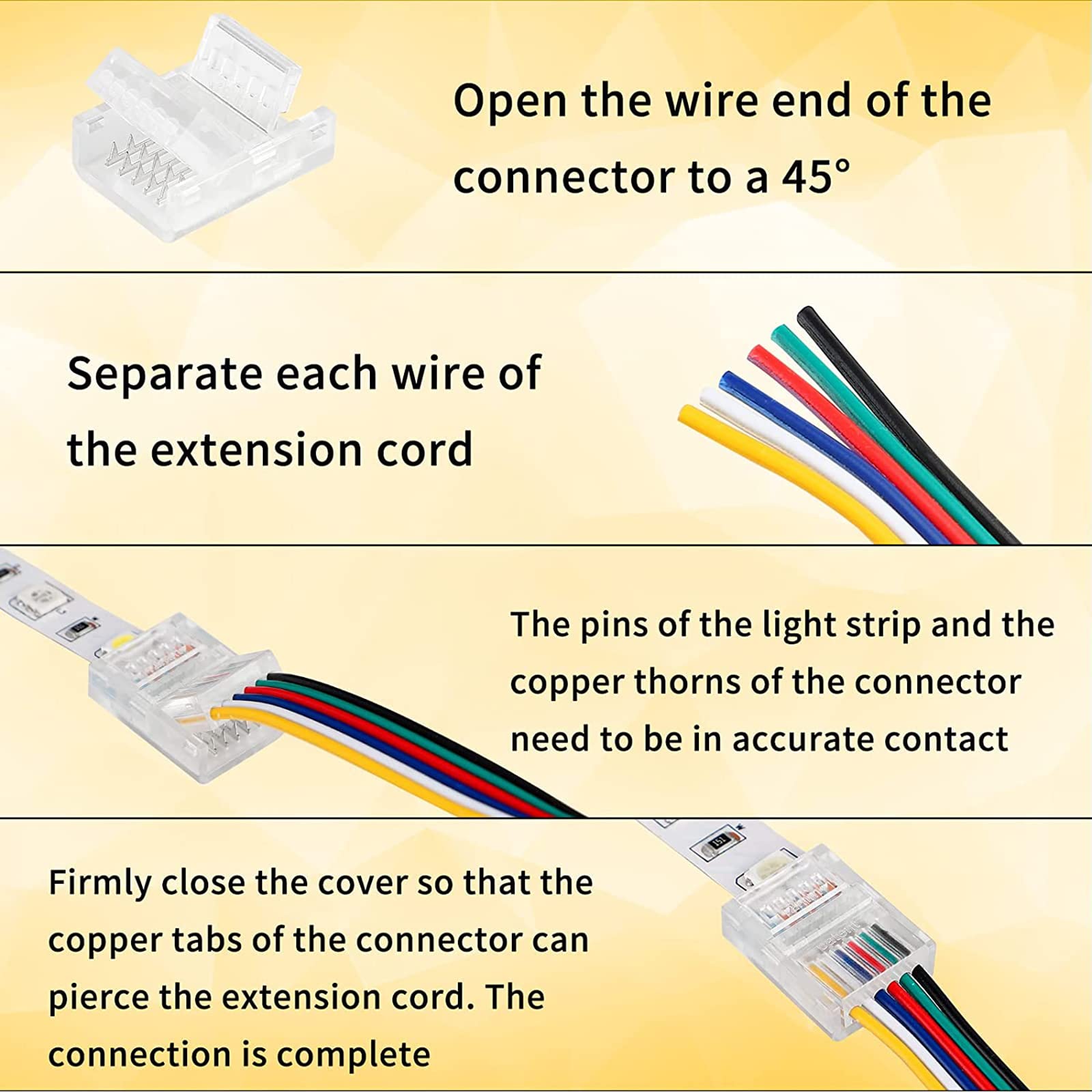 HOMELYLIFE 6 Pin 12mm LED Strip Connectors Transparent Solderless 10 Pack with 16.4ft Extension Cable 6 Conductor for Waterproof or Non-Waterproof LED Strip Lights